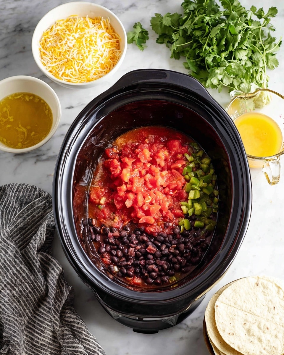 A black slow cooker sits on a white marbled surface with three main layers inside: the bottom layer has green diced peppers, the middle layer shows dark black beans, and the top layer features bright red diced tomatoes in juice. Around the slow cooker are three small white bowls: one filled with shredded yellow and white cheese, one with a stack of small white corn tortillas, and the last with a yellow sauce in a glass measuring cup. A bunch of fresh green cilantro and a grey striped cloth are placed beside the cooker. photo taken with an iphone --ar 4:5 --v 7