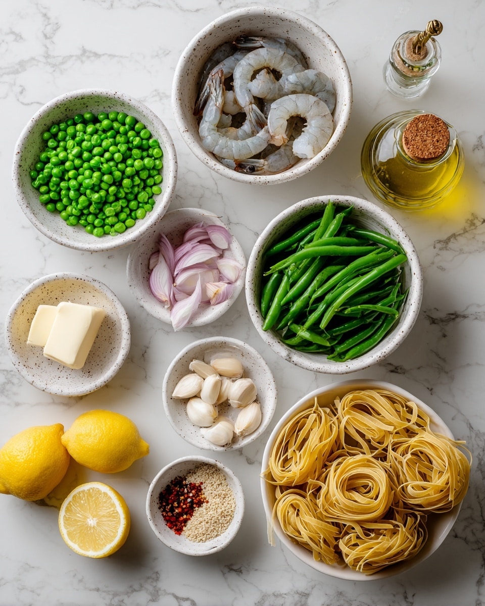 The image shows various fresh ingredients arranged neatly on a white marbled surface. There are five white speckled bowls holding different ingredients: one with bright green frozen peas, one with raw gray shrimp, one with fresh green beans, one with pale pink sliced shallots, and a smaller bowl with three peeled garlic cloves. Near the bowls, there is a clear glass bottle filled with golden oil with a cork stopper, a small ceramic bowl containing two sticks of butter, a small bowl with red pepper flakes, a white bowl filled with light-colored panko breadcrumbs, two bright yellow lemon halves, and three nests of uncooked tagliatelle pasta that are light golden in color. Each ingredient is clearly labeled with white tags. The photo taken with an iphone --ar 4:5 --v 7