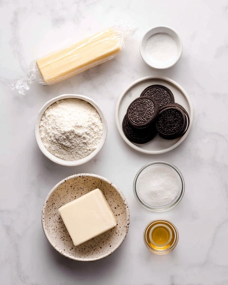 The image shows seven ingredients placed on a white marbled surface. Starting from the top center, there is a wrapped stick of pale yellow butter. To the right of the butter, there is a small white bowl filled with fine white sugar. Below the sugar, a small white plate holds a rectangular block of cream cheese with a smooth, soft texture. To the left of the cream cheese, there is a white bowl with a speckled brown rim filled with stacked dark chocolate sandwich cookies. Above this bowl, a larger white bowl contains a mound of fine white flour. To the left of the flour, there is a small clear bowl with white salt inside. Finally, above the salt bowl, there is a small clear bowl holding a pale golden liquid, likely vanilla or oil. The setup is neat and well-lit, showing the textures and colors vividly. Photo taken with an iphone --ar 4:5 --v 7