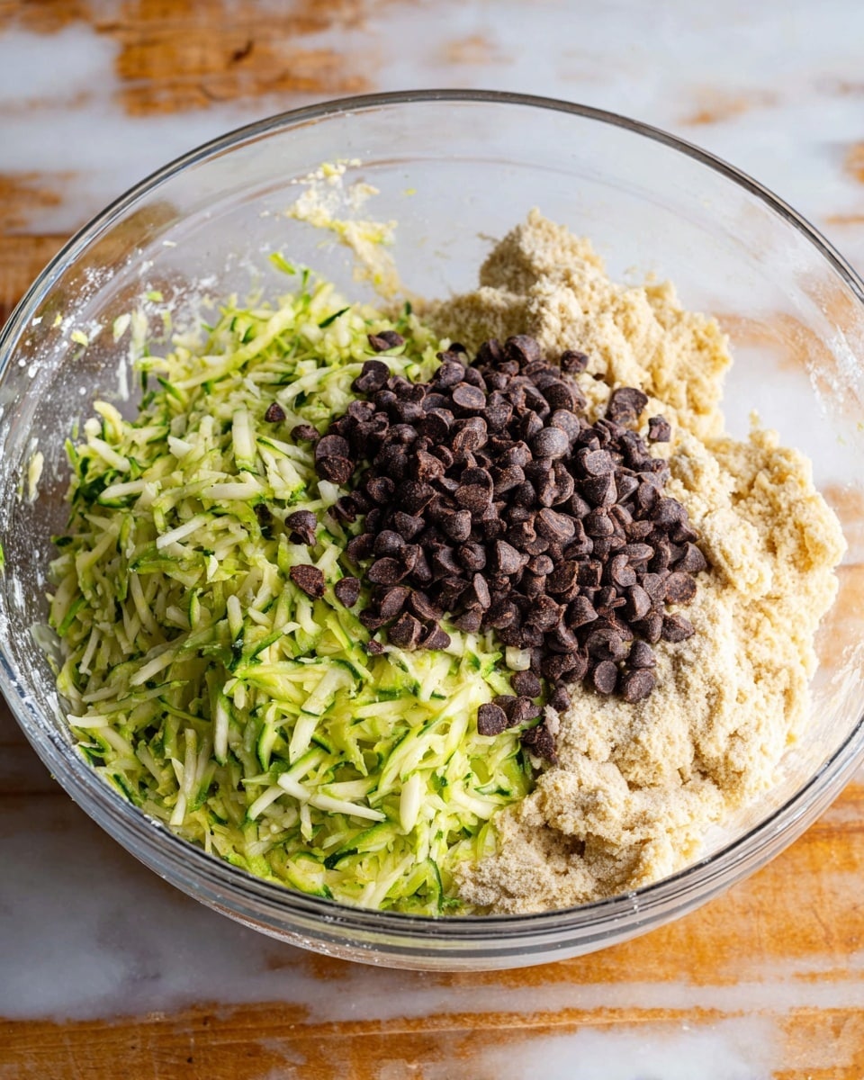 The image shows a large clear glass bowl filled with white flour, with a spoon partially buried in the flour on the right side of the bowl. Behind it, there are smaller clear glass bowls containing light brown sugar and dark brown chocolate chips. To the left, a small white bowl holds a dark amber liquid, likely vanilla extract. In the background, there is a stick of butter wrapped in yellow packaging and a green item, possibly celery or a similar vegetable. The items are placed on a wooden table with a worn texture. photo taken with an iphone --ar 4:5 --v 7