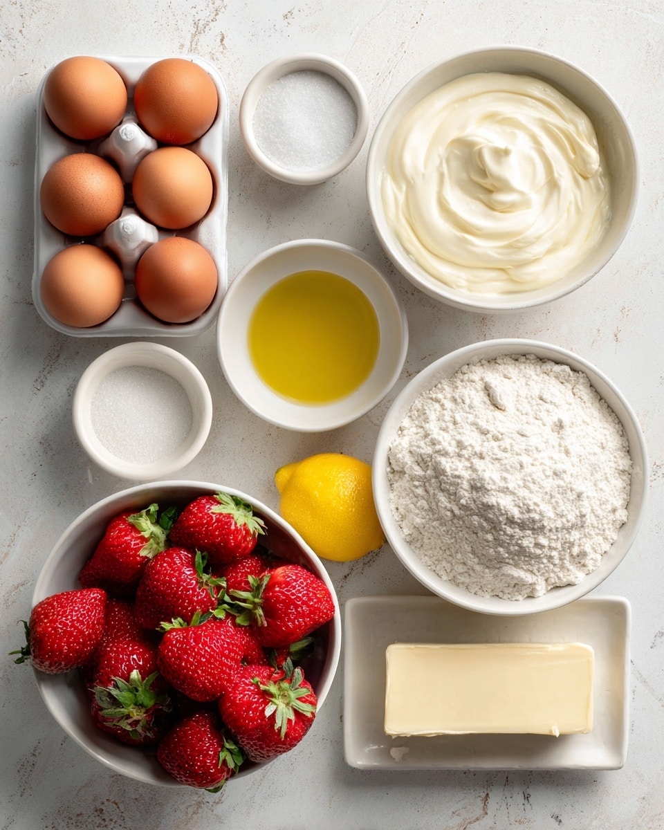 The image shows a flat lay of several baking ingredients arranged neatly on a white marbled surface. There are four brown eggs placed in a white egg tray on the top left. Below the eggs, a white bowl is full of fresh red strawberries with green leaves. In the middle top, a white bowl contains creamy dairy-free vanilla yogurt with a smooth texture. To the right of it, a small white bowl has white salt and baking powder. Below that, a small white bowl holds clear yellow oil. On the far right, a white bowl is filled with white granulated sugar. Below the sugar bowl, a wrapped stick of vegan butter lies horizontally. Next to it, another white bowl contains gluten-free flour that looks powdery and uneven on the surface. A bright yellow lemon sits between the flour and the berries. The whole setup is clean, bright, and simple, emphasizing the color and texture contrasts of the ingredients. photo taken with an iphone --ar 4:5 --v 7
