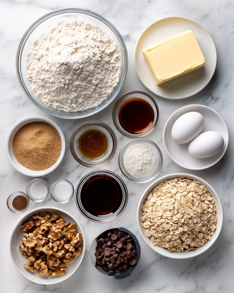 A top view of various baking ingredients arranged neatly on a white marbled surface. There is a large clear glass bowl filled with white flour at the top left. Below it, a stick of pale yellow butter rests directly on the surface. To the lower left, a white bowl holds a mix of white and brown sugar. Centered are several small clear glass bowls: one with dark vanilla extract, one with dark molasses, one with clear baking soda, one with white salt, and one with brown cinnamon powder. To the top right of the center, a single white egg is placed on the surface. On the right side, a white bowl is filled with light beige old-fashioned oats, while below it, a small white plate holds chopped brown walnuts. Below the sugars, a black measuring cup contains dark chocolate chips. All items are spaced evenly and clearly labeled with bold black and white text. Photo taken with an iphone --ar 4:5 --v 7