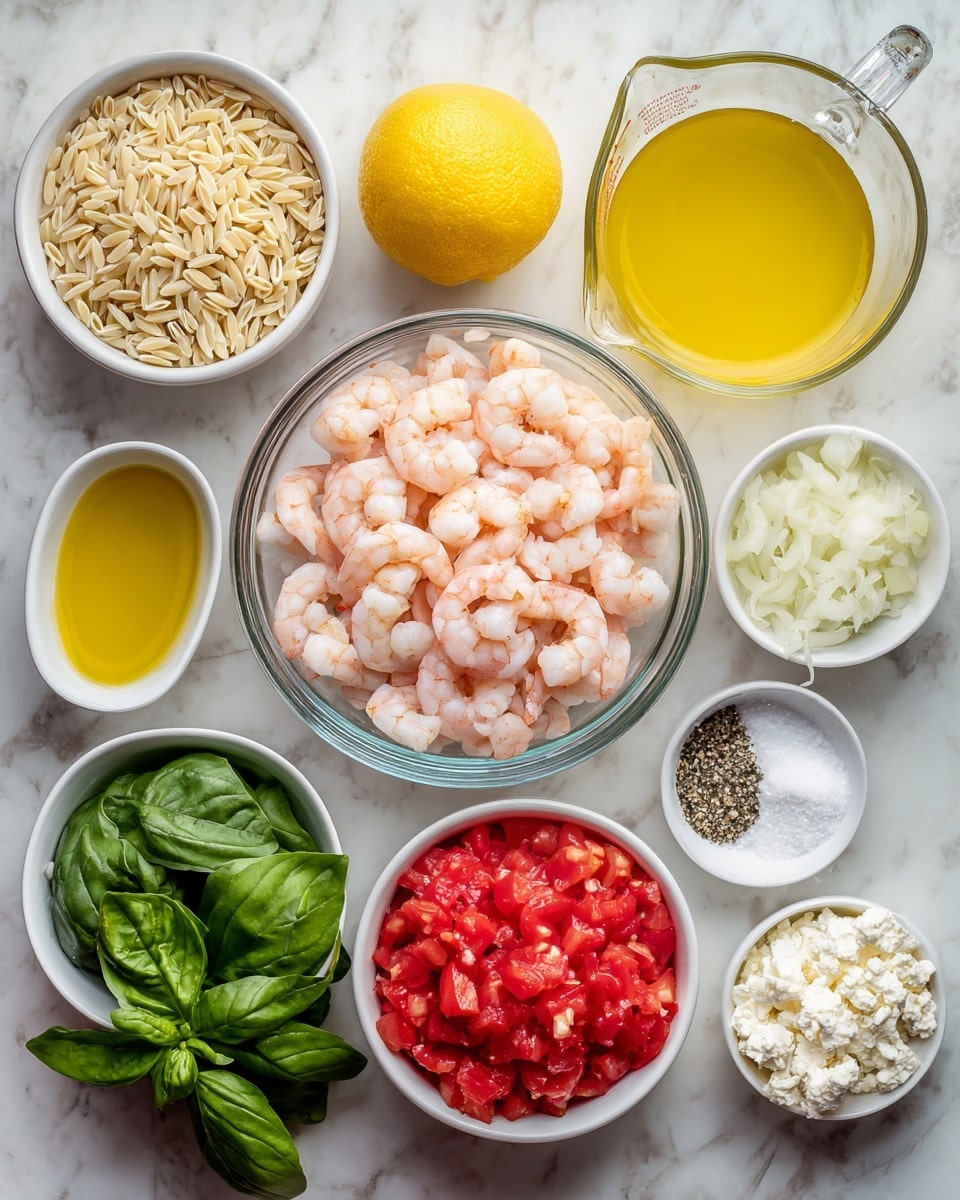 The image shows ingredients arranged neatly on a white marbled surface. In the middle, there is a clear glass bowl filled with pink shrimp. Surrounding it are smaller white bowls holding different ingredients: to the top left, a bowl of light beige orzo, a bowl of bright green basil leaves below it, and a bowl of white chopped onion next to basil. At the top center, there is a bright yellow whole lemon and a small white bowl of golden yellow olive oil. To the top right, a glass measuring cup filled with pale yellow broth is placed above a bowl of chopped red tomatoes. Smaller bowls with white salt and black pepper sit to the right of the tomatoes, and a small white bowl of light beige minced garlic is below the tomatoes. Near the shrimp, a bowl with white crumbled feta cheese adds texture to the spread. Photo taken with an iphone --ar 4:5 --v 7