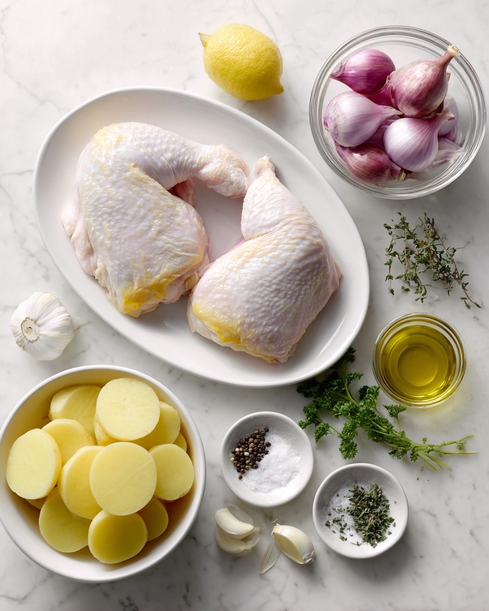 A white oval plate holds two raw chicken leg quarters with pale skin and a yellowish tint near the thicker ends, placed on a white marbled surface. To the right, a clear glass bowl contains peeled shallots with a smooth purple and white texture. Below it, a white round bowl is filled with round, yellow potato slices stacked unevenly. Surrounding the bowls are small white round dishes filled with black pepper, coarse salt, a whole yellow lemon, olive oil with a golden sheen, a peeled garlic clove, fresh green parsley leaves, and finely chopped thyme, all arranged neatly on the same white marbled surface. photo taken with an iphone --ar 4:5 --v 7