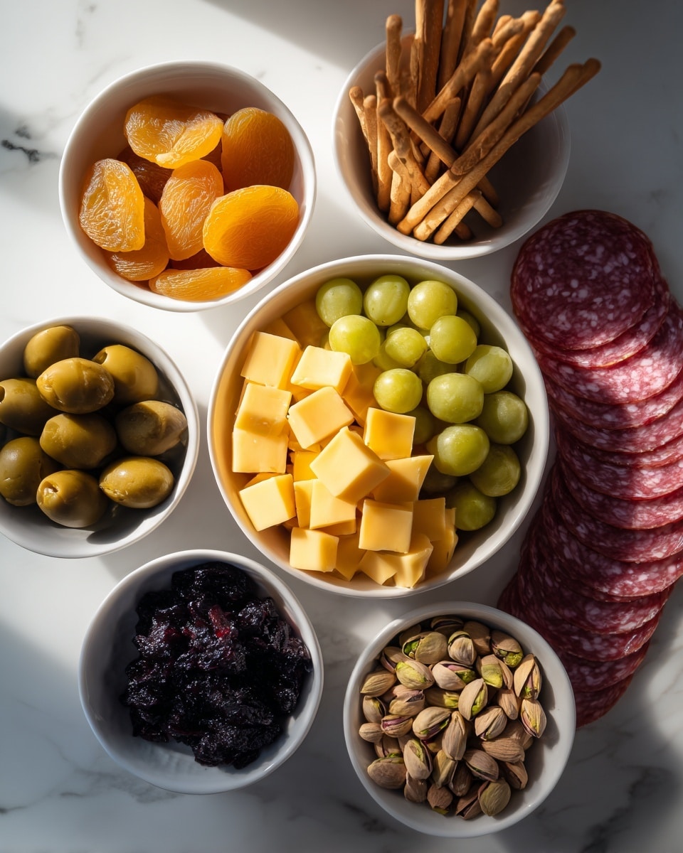 The image shows a white round bowl filled with cubes of yellow cheddar cheese and slices of pale yellow cheese, placed next to neatly arranged dried apricots, green grapes, pickled pearl onions, and green olives. Surrounding this bowl on a white marbled surface are four smaller white bowls: one with dark purple dried cranberries, one with dark blue blueberries, one containing mixed almonds and pistachios, and another holding light brown breadsticks. Alongside these is a white bowl with thin slices of salami arranged in two layers, showing marbled red and pink colors. All items are placed neatly with soft natural light coming from the side, showing clear textures of each ingredient. Photo taken with an iphone --ar 4:5 --v 7