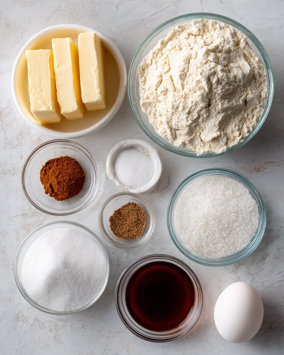 The image shows eight different ingredients placed on a white marbled surface, each in clear glass or white bowls except for the egg and butter which are uncovered. Starting from the top right, there is a large clear glass bowl filled with white flour with a rough texture. Next to the flour bowl on the left, two blocks of pale yellow butter lie side by side. Below the butter, a small clear glass bowl contains white baking soda powder. Near it, another small clear glass bowl holds a mix of brown spices. To the right of the spices is a round bowl with a dark brown liquid, molasses, with a smooth surface. At the bottom, a white bowl holds white sugar, appearing granular and fine. To the left of the sugar bowl is a small clear glass bowl filled with white salt crystals. Finally, on the right side of the scene, a single white egg is placed on the white marbled surface. Photo taken with an iphone --ar 4:5 --v 7