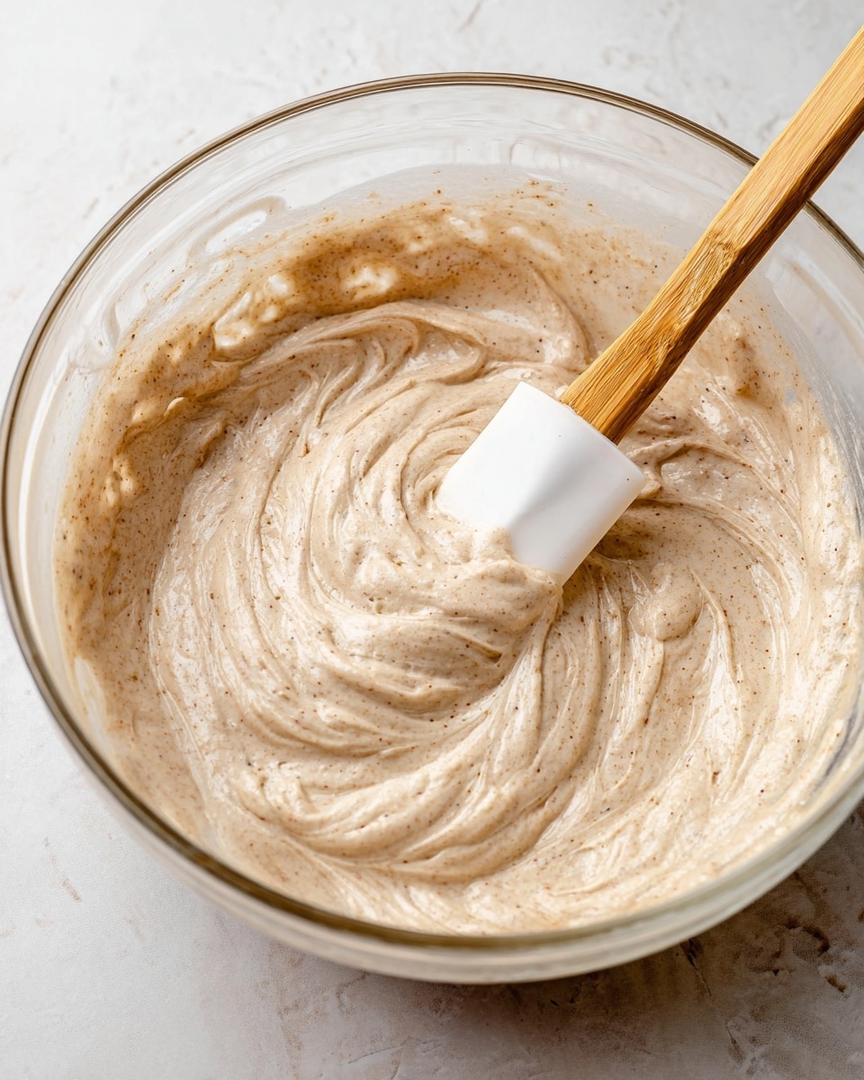 A clear glass bowl filled with a thick, creamy mixture that is light beige with tiny darker specks throughout, showing a smooth yet slightly textured surface. A white spatula with a wooden handle is placed inside the bowl, partially covered with the mixture as it swirls around. The bowl is set on a surface with a white marbled texture, adding an elegant contrast to the creamy contents. The overall scene feels cozy and ready for baking or cooking preparation photo taken with an iphone --ar 4:5 --v 7