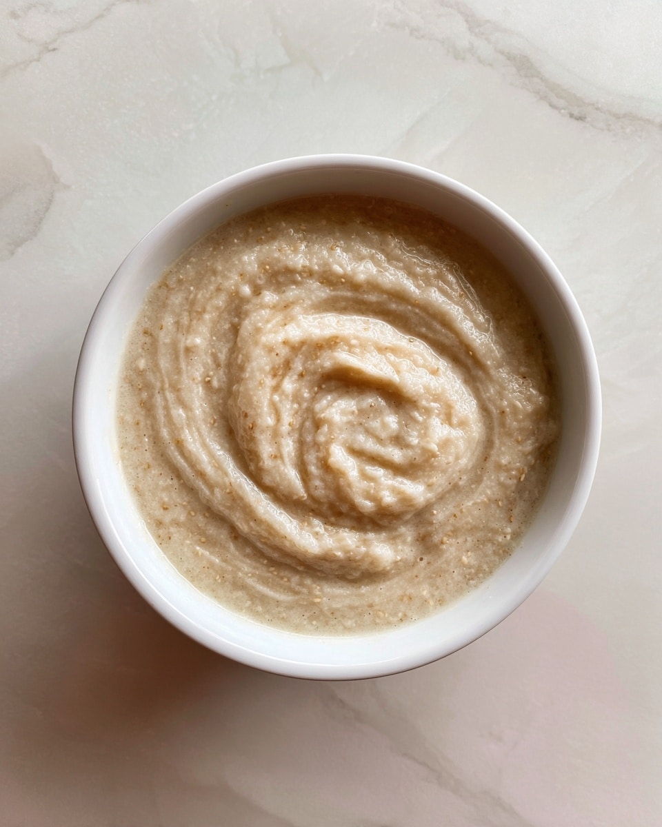 A white bowl filled with light beige porridge that has a creamy and slightly coarse texture. The surface of the porridge shows some swirled patterns and uneven peaks, making it look soft and thick. The bowl sits on a white marbled texture background. photo taken with an iphone --ar 4:5 --v 7