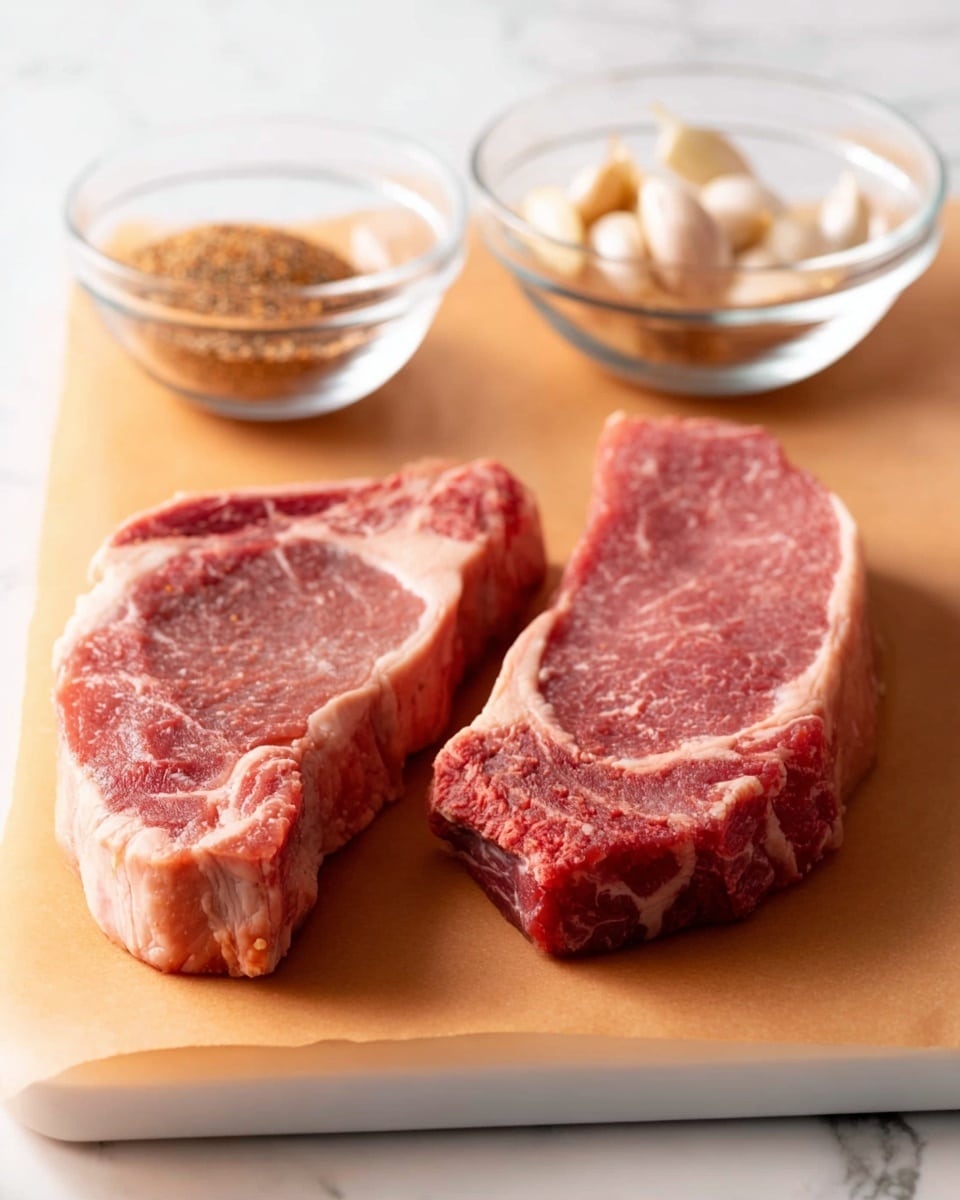 Two raw red steaks with white fat marbling lay side by side on a tan cutting board that rests on a white marbled surface. Behind the steaks, there are two small clear glass bowls: one filled with a mix of brown spices, the other holding light brown garlic cloves. The whole scene is bright and simple, with a soft focus on the bowls and clear details on the steaks. Photo taken with an iphone --ar 4:5 --v 7