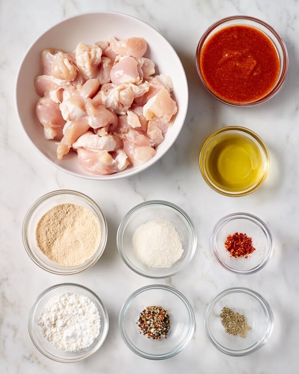 A white bowl filled with light pink pieces of raw chicken sit on a white marbled surface, surrounded by small clear glass bowls. At the top right is a bowl with red sauce, next to it a bowl with light yellow oil. Below these are bowls holding light brown sugar, white flour, a small dish of light yellow vinegar or juice, red pepper flakes, and a mix of white salt, black pepper, and other spices. All bowls are arranged neatly in a grid. Photo taken with an iphone --ar 4:5 --v 7