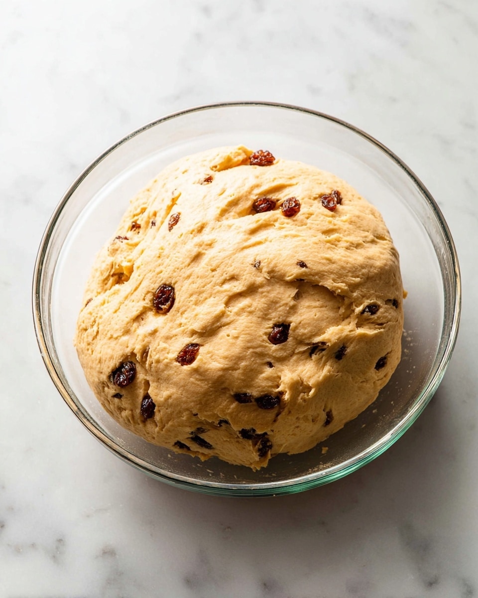 A ball of dough with a light yellow color and soft texture mixed with small dark brown raisins is placed in the center of a clear glass bowl. The dough has a slightly rough surface with some folds and creases, showing a fresh and thick consistency. The glass bowl rests on a white marbled surface, and the photo is taken from above, focusing closely on the dough. photo taken with an iphone --ar 4:5 --v 7