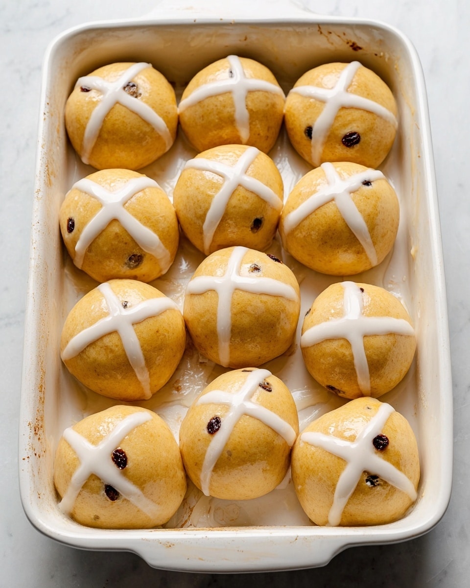 The image shows a white baking dish filled with eleven round, light golden dough balls. Each dough ball has a smooth texture with some small, dark raisins visible inside. On top of each ball, there is a thick white icing in the shape of a cross, applied neatly with two intersecting lines. The dough balls are arranged close together but not touching. The scene is set on a white marbled surface. photo taken with an iphone --ar 4:5 --v 7