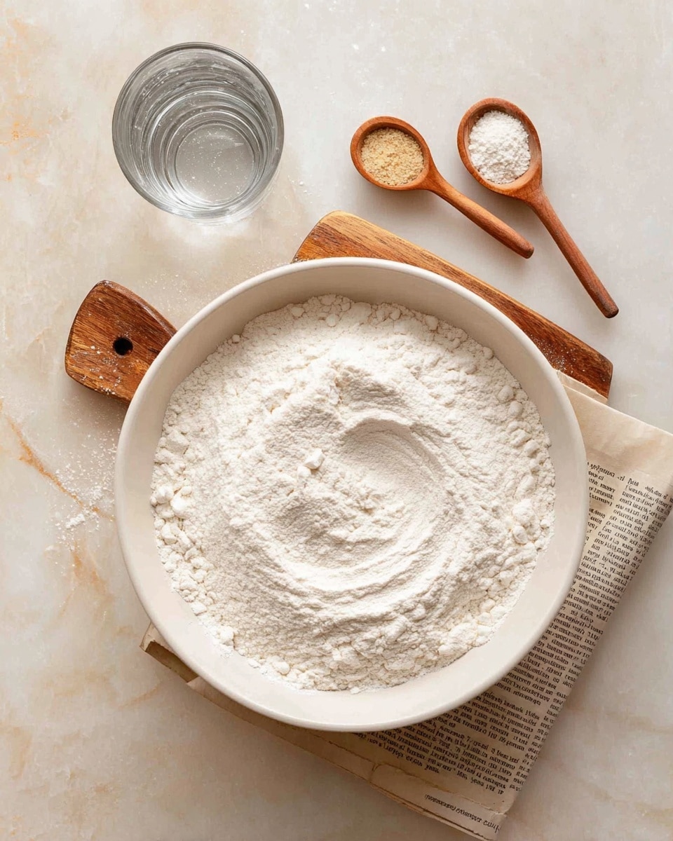 A top view image showing a large white bowl filled with white flour, lightly swirled on top creating a soft texture. To the upper right of the bowl, there are two small wooden spoons; one holding white salt and the other holding light brown yeast powder. Above the bowl to the left is a clear glass of water with visible reflections. The bowl sits on a wooden board covered with a newspaper, all placed on a white marbled surface. Photo taken with an iphone --ar 4:5 --v 7