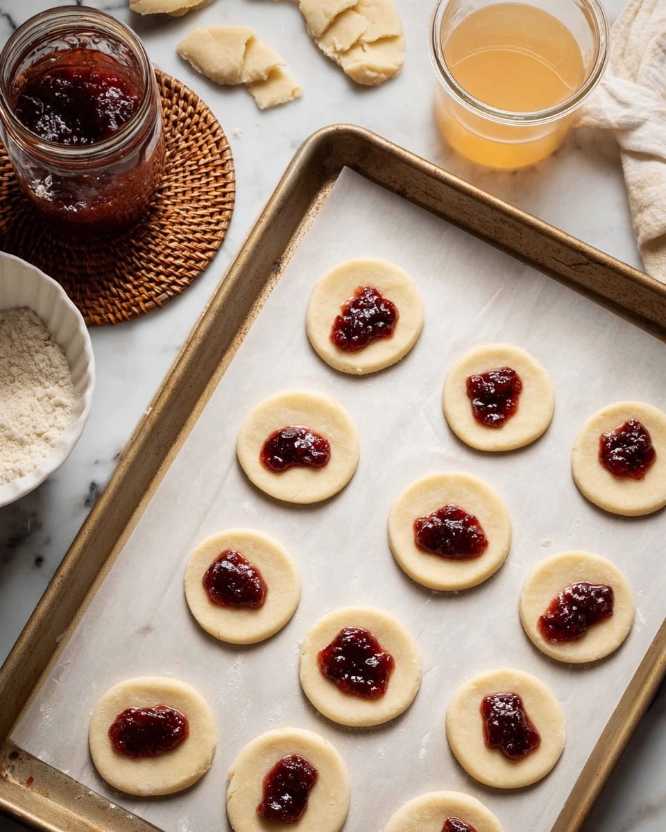 A baking tray lined with white parchment paper holds twelve evenly spaced, pale beige dough circles, each topped in the center with a small dollop of dark red jam that looks thick and chunky. To the side, on the white marbled surface, there is a white bowl with leftover jam smeared inside its rim, a glass jar filled with a light orange liquid, some off-white dough scraps, and a woven coaster partially visible underneath the jar. The setup suggests preparation for making small filled pastries. Photo taken with an iphone --ar 4:5 --v 7