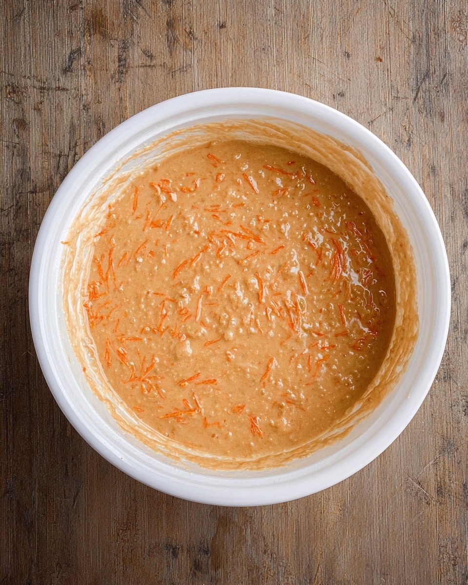 A white bowl filled with light brown batter that has small bright orange shreds mixed evenly throughout. The batter looks smooth with a few small lumps, and it nearly fills the bowl, resting on a white marbled surface. The inside edge of the bowl has some batter smudges. photo taken with an iphone --ar 4:5 --v 7