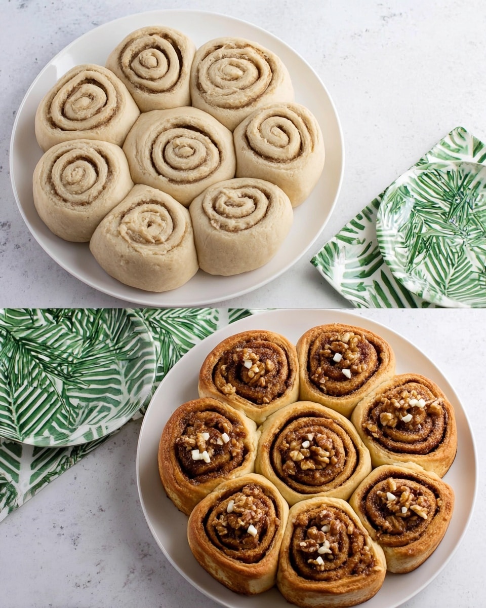 The image shows two white round plates with cinnamon rolls. The left plate has eleven uncooked cinnamon rolls with pale dough and visible swirls of cinnamon and sugar, some topped with small white chunks. The right plate holds nine cooked cinnamon rolls, golden brown with darker cinnamon swirls and walnut pieces on top, arranged closely together. The background is a white marbled texture with green leafy ceramic dishes and a cloth with a green geometric pattern next to the cooked rolls. Photo taken with an iphone --ar 4:5 --v 7