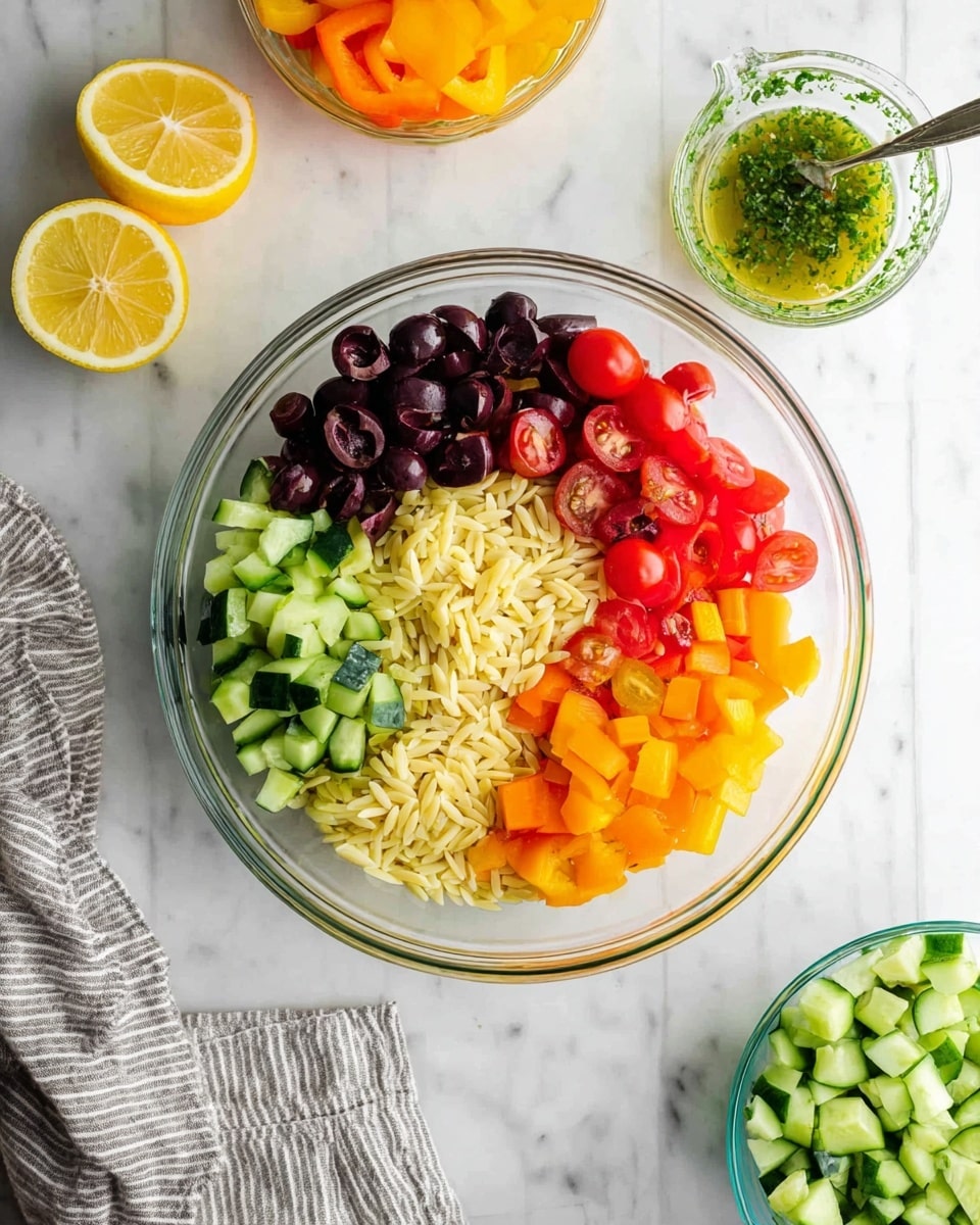 A clear glass bowl sits in the center on a white marbled surface, filled with colorful layers of food. Starting from the top left and moving clockwise, there are chopped black olives in deep purple, bright green cucumber pieces, red cherry tomato halves, a mix of orange and yellow bell pepper chunks, and pale yellow cooked orzo pasta. Around the bowl, there are three lemon wedges to the left, a measuring cup with green herb dressing on the top right, a small bowl of more chopped cucumber on the bottom right, and a small glass bowl with additional yellow and orange bell peppers at the top left. A soft gray and white striped cloth is draped casually near the bottom left corner. photo taken with an iphone --ar 4:5 --v 7