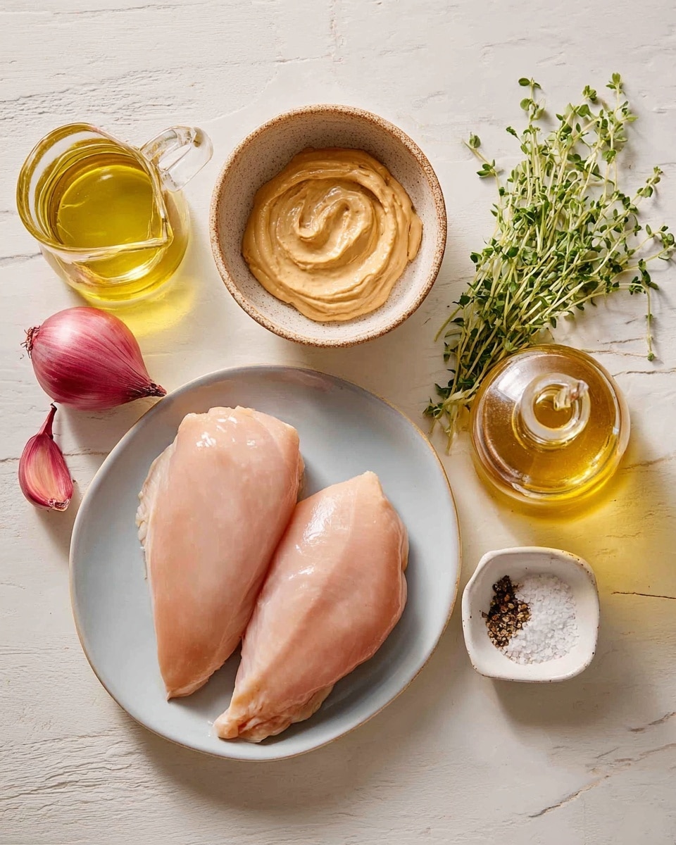 The image shows a white plate on a white marbled surface with two large pieces of raw light pink chicken arranged side by side, smooth in texture. To the left, there is a small glass jug filled with pale yellow oil, and next to it is a whole small red shallot with smooth, shiny skin. Above that, a speckled beige bowl contains a smooth, light brown sauce swirled neatly inside. At the top center, a small bunch of fresh green herbs with thin leaves lies on the surface. To the right of the herbs, a clear glass bottle with a handle holds yellow olive oil, shining in the light. Between the chicken and shallot, a small divided white dish holds coarse white salt and black pepper. Photo taken with an iphone --ar 4:5 --v 7