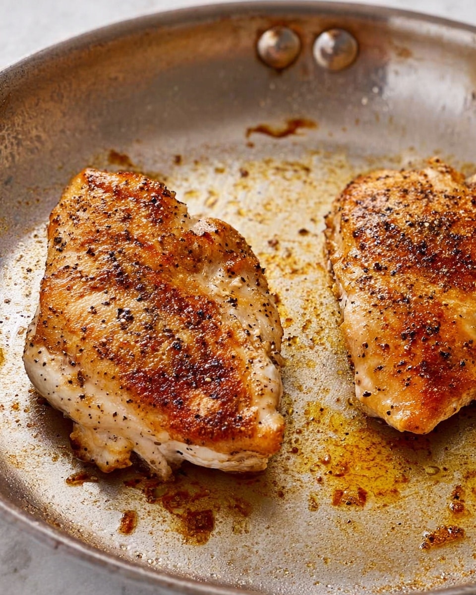 The image shows two pieces of cooked chicken on a light-colored metal pan. Each piece is golden brown with darker spots of pepper and seasoning on top. The chicken pieces have a slightly crispy texture with some juices and small bits around them on the pan. The pan surface has a worn and used look with stains and marks from cooking. The background is a white marbled texture. photo taken with an iphone --ar 4:5 --v 7