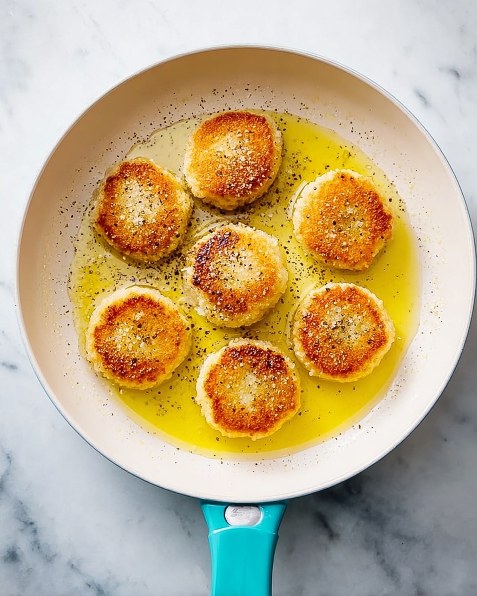 A white pan with seven golden brown, round patties frying in a shallow pool of yellow melted butter with some black pepper sprinkled on top. Each patty looks crisp on the outside with a slightly rough texture. The pan has a bright turquoise handle on the right side, and it sits on a white marbled surface. The patties are evenly spaced inside the pan, showing three rows of two and one at the center. photo taken with an iphone --ar 4:5 --v 7