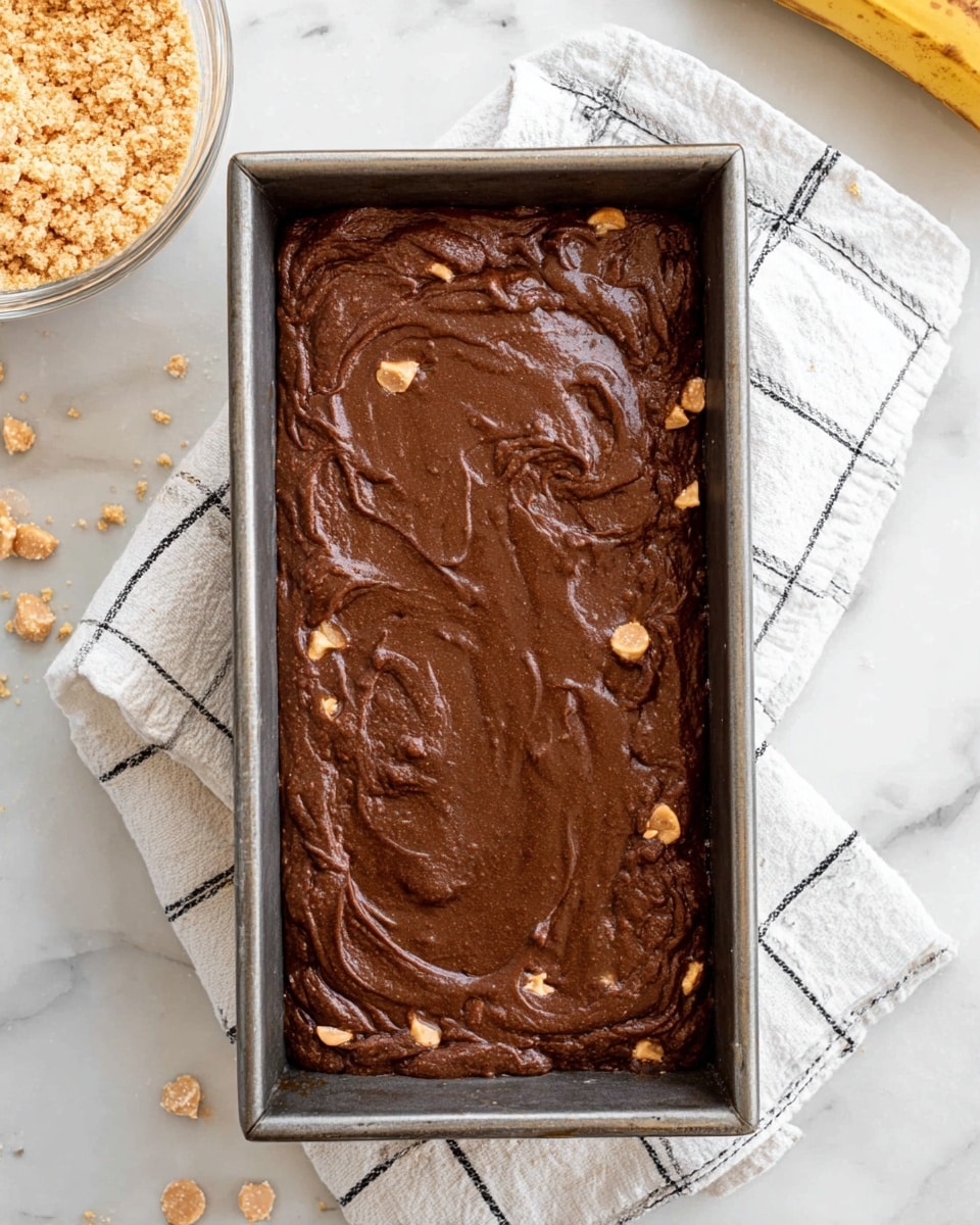 The image shows a rectangular metal baking pan filled with thick dark brown chocolate batter that has a slightly rough and shiny surface. Around the pan, there is a white cloth with a black grid pattern placed on a white marbled surface. On the top left, a clear glass bowl containing light tan crispy cereal pieces is partly visible with some scattered pieces on the surface. On the top right corner, a small part of a yellow banana is visible. photo taken with an iphone --ar 4:5 --v 7