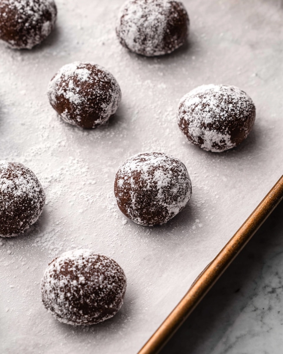 The image shows several round chocolate cookie dough balls, each covered lightly with a white powder, neatly spaced on a sheet of parchment paper. The dough balls have a rich dark brown color beneath the dusting of powder, which creates a rough, textured surface mixed with smooth spots. The parchment paper lies on a flat tray edge visible on the upper left side. The white marbled texture forms the background outside the tray. The composition focuses closely on the dough balls, showing their slight cracks and uneven shapes in a natural layout photo taken with an iphone --ar 4:5 --v 7
