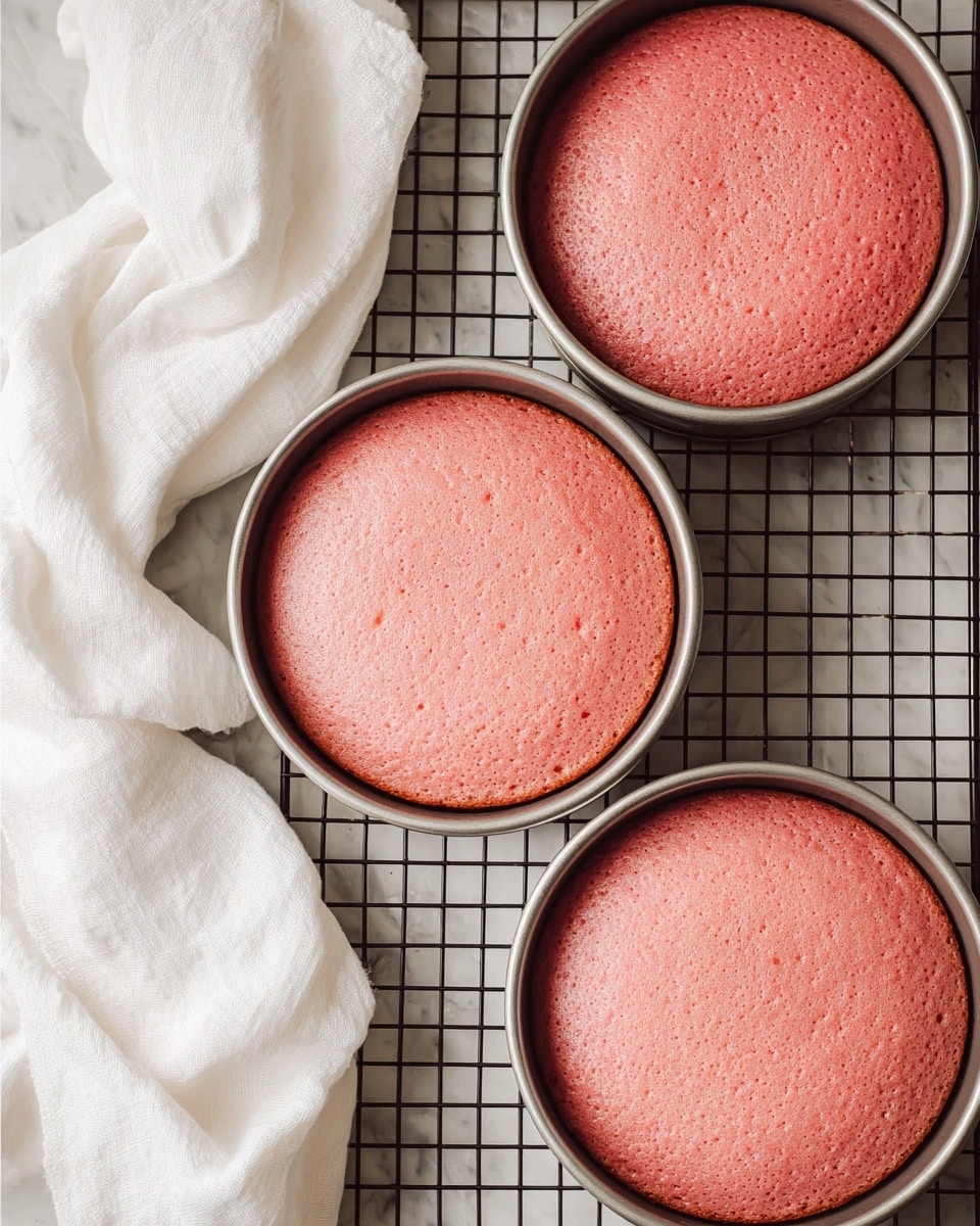 Three round pink cake layers sit inside silver baking pans on a black cooling rack placed on a white marbled texture. The cake surfaces are smooth and slightly bumpy with a uniform color and texture. A white cloth is softly folded and lies next to the cake pans on the left side. photo taken with an iphone --ar 4:5 --v 7