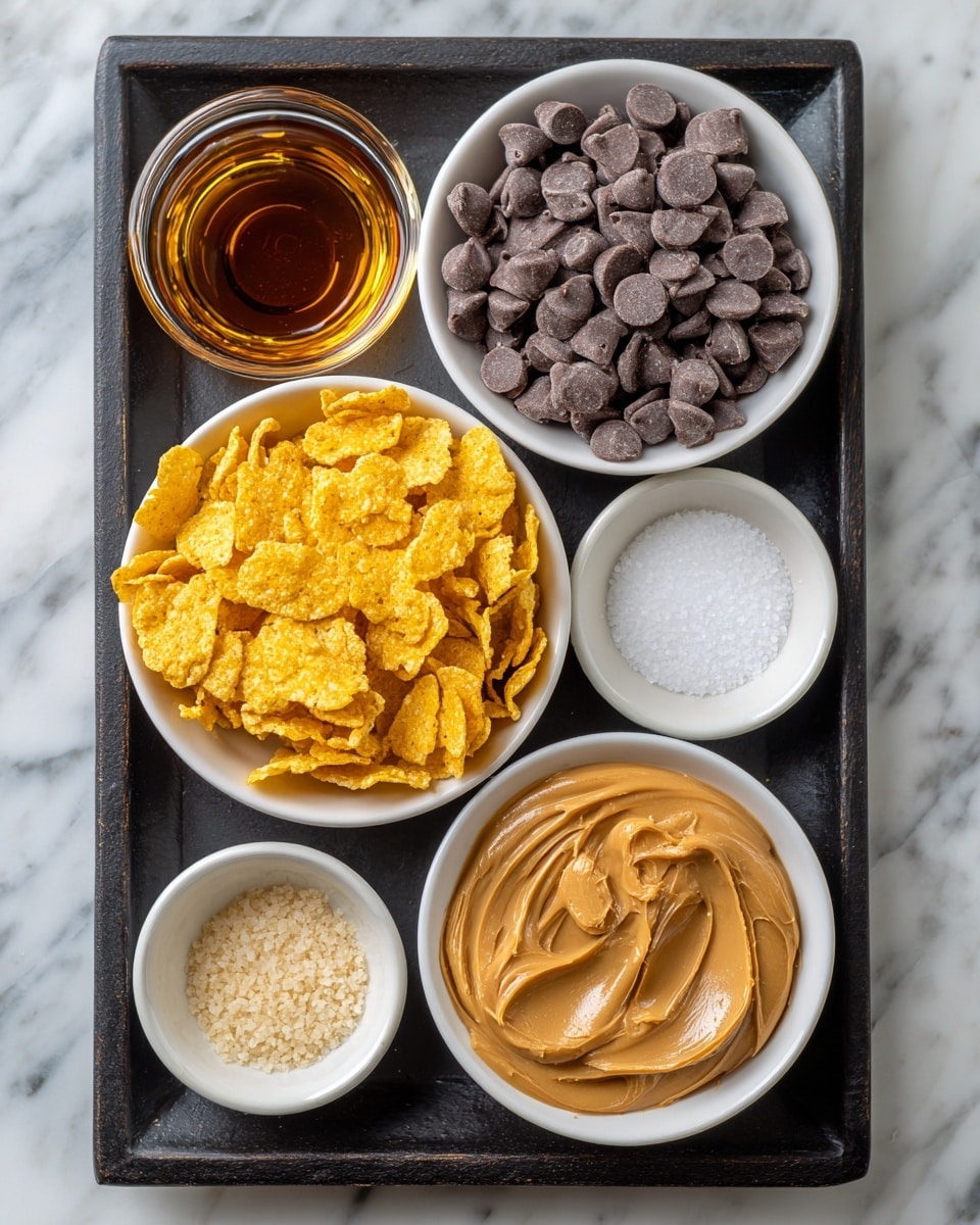 The image shows six small white bowls filled with different ingredients arranged neatly on a dark rectangular tray. At the top right, a bowl is filled with many small, dark gray chocolate chips. Below it, a bowl holds smooth, light brown peanut butter with a creamy texture. To the left of the peanut butter, a bowl is filled with bright yellow cornflakes piled high with a crunchy texture. Above the cornflakes, there is a small bowl with dark amber liquid labeled vanilla extract. Next to it on the top left is a bowl with clear golden syrup labeled agave. At the bottom left, a small bowl contains white sugar with a grainy texture, and above it to the right, a tiny bowl holds white salt crystals. Everything is placed on a white marbled surface seen around the edge of the tray. photo taken with an iphone --ar 4:5 --v 7