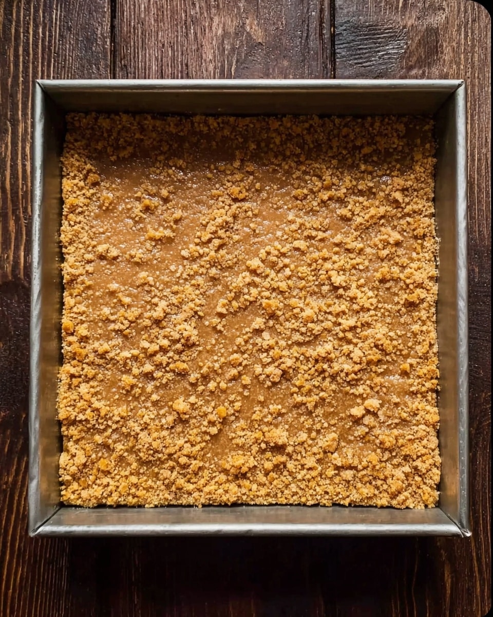 A square metal baking pan contains a single thick layer of crumbly baked mixture with a golden brown color and a rough, grainy texture that looks crunchy, spread evenly to cover the entire pan. The pan is placed on a dark wooden surface with visible grain lines. The image shows no additional layers or toppings. Photo taken with an iphone --ar 4:5 --v 7