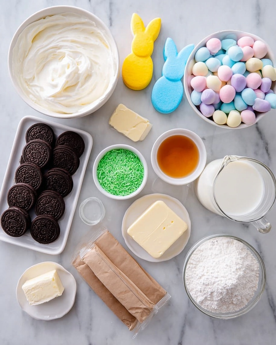 The image shows a white marbled surface with various dessert ingredients arranged neatly. On the left side, there is a white bowl filled with smooth white cream, next to it is a white bowl full of colorful pastel round candies in yellow, blue, pink, and purple. Above these bowls are three marshmallow bunny shapes in yellow, blue, and pink. To the far left is a white tray holding two rows of dark brown sandwich cookies. In the middle, there is a small white bowl with green shredded coconut. Nearby, a small white dish holds a stick of pale yellow butter. To its right is a small white cup filled with amber liquid, and next to it is a white plate with a block of white cream cheese. Two brown wrapped sticks of butter are placed beside the plate. On the lower right is a white bowl filled with white powdered sugar and a clear glass jug full of white milk. The overall scene is bright with a clean, simple look. Photo taken with an iphone --ar 4:5 --v 7