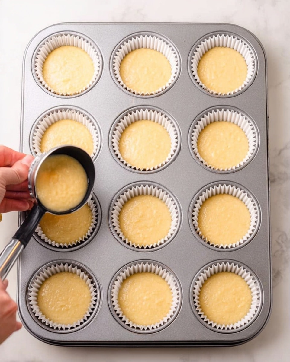 A silver metal muffin tray with twelve round cavities, each lined with white paper cups. Eleven of the cups are filled with smooth, pale yellow batter that has a slightly lumpy texture. One cup is empty as a scoop of the same batter is being poured slowly into it from a black and silver ladle, held by a woman's hand visible at the bottom left corner. The tray is placed on a white marbled surface. photo taken with an iphone --ar 4:5 --v 7