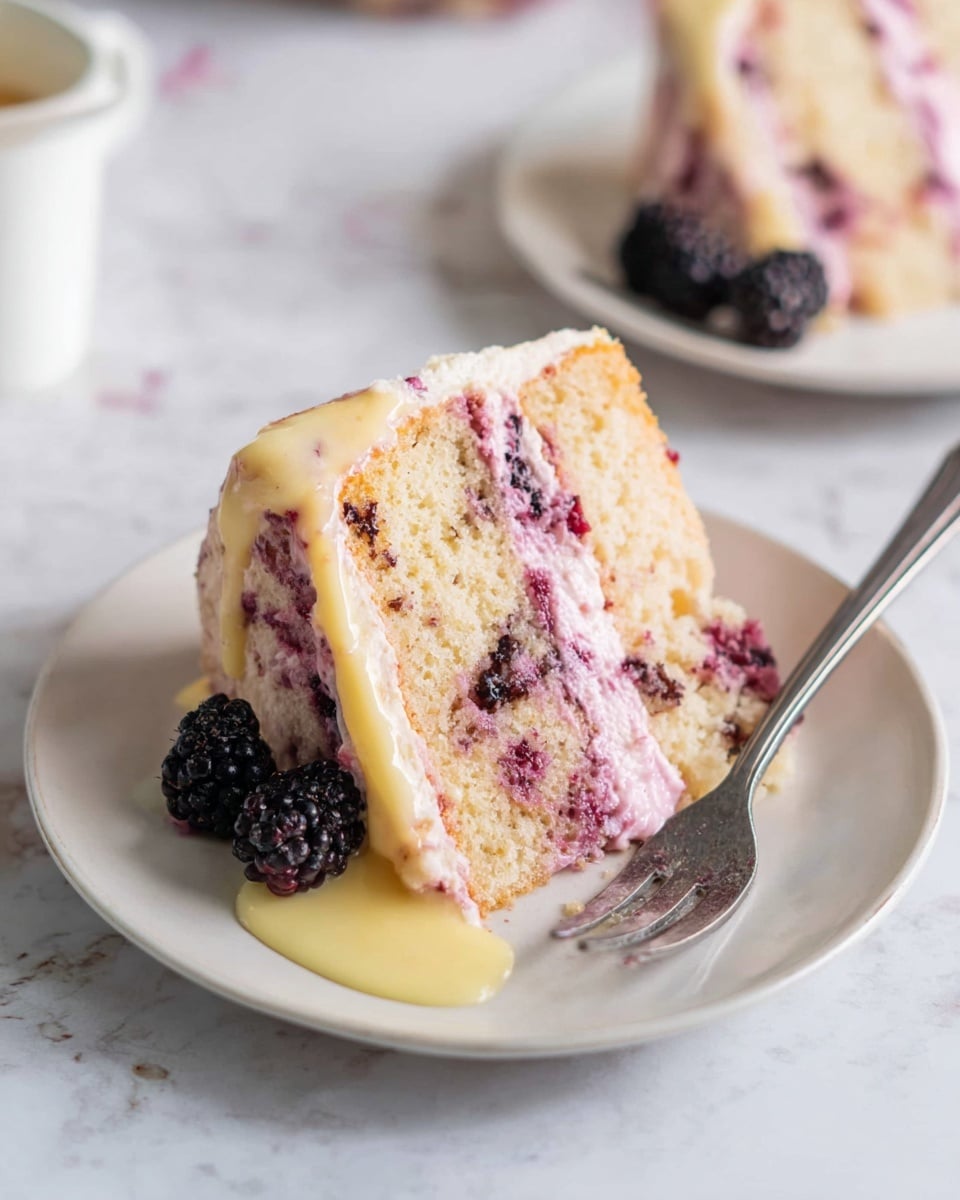 A slice of light beige cake with visible small dark berry pieces is shown on a white round plate. The cake has two layers separated by a thick layer of pinkish purple cream with berry bits. On the bottom edge, there is a drizzle of pale yellow cream slowing melting onto the plate. Three blackberries sit on the plate near the cake slice. A silver fork rests on the right side of the plate. The plate is placed on a white marbled surface with another plate of the same cake in the slightly blurred background. Photo taken with an iphone --ar 4:5 --v 7