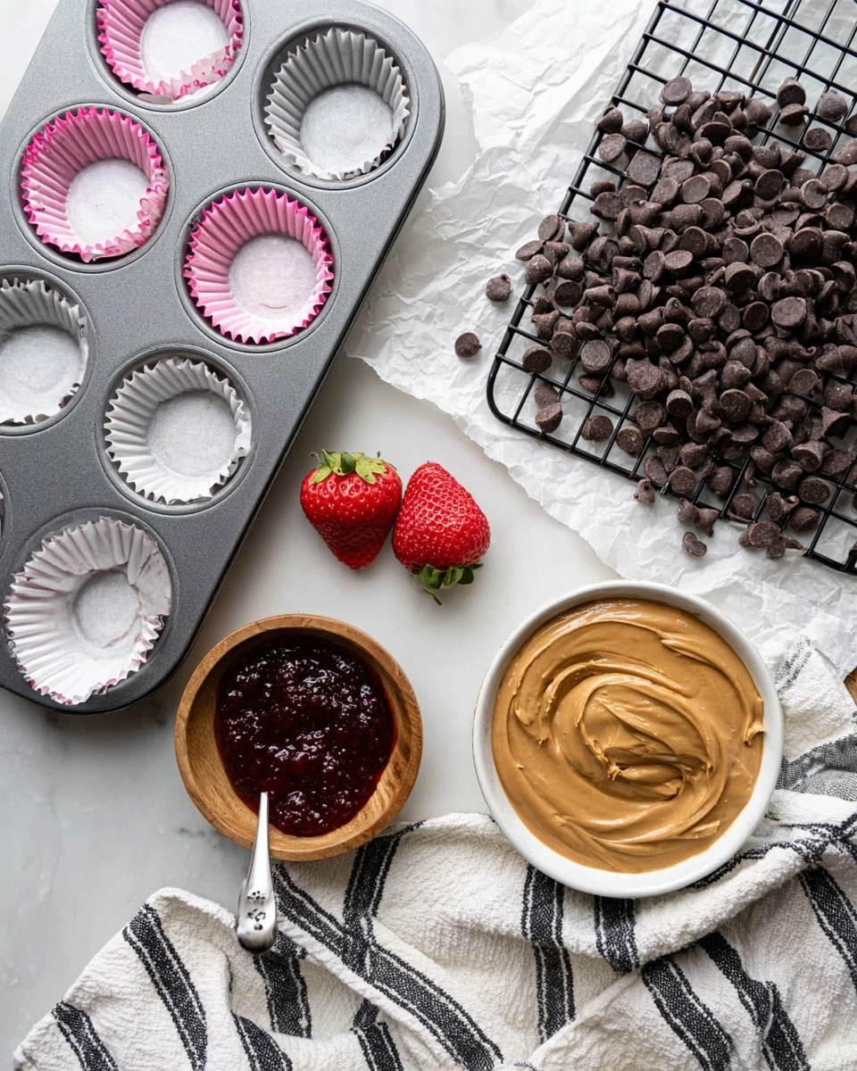 The image shows a top view of baking ingredients on a white marbled surface: on the left, a gray muffin tray lined with white and pink cupcake liners, in the middle, two bright red strawberries, one near the tray and one close to a black cooling rack on the right. At the top center, there is a pile of dark brown chocolate chips spread over white parchment paper. Below the chocolate chips, a small wooden bowl filled with deep red, chunky jam sits next to the strawberries. At the bottom right, a white bowl with a dark rim holds smooth, creamy peanut butter with a swirl texture inside and a small silver spoon with peanut butter on it rests on the bowl’s edge. A white towel with black stripes is spread out beneath the bowl and cooling rack. Photo taken with an iphone --ar 4:5 --v 7