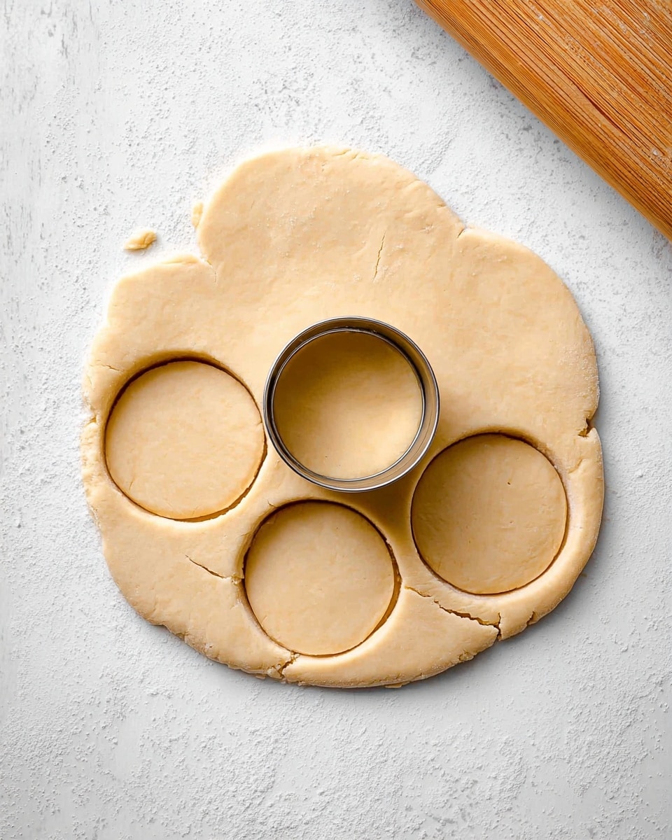 A thin, round layer of light tan dough lies flat on a white marbled surface. Five circular shapes are cut out from the dough: four solid dough circles placed near the bottom edge and one empty circle cut out with a metal cutter positioned near the top center. The dough has a smooth texture with minor cracks and slight folds on the edges. A warm wooden board is visible in the top right corner. photo taken with an iphone --ar 4:5 --v 7