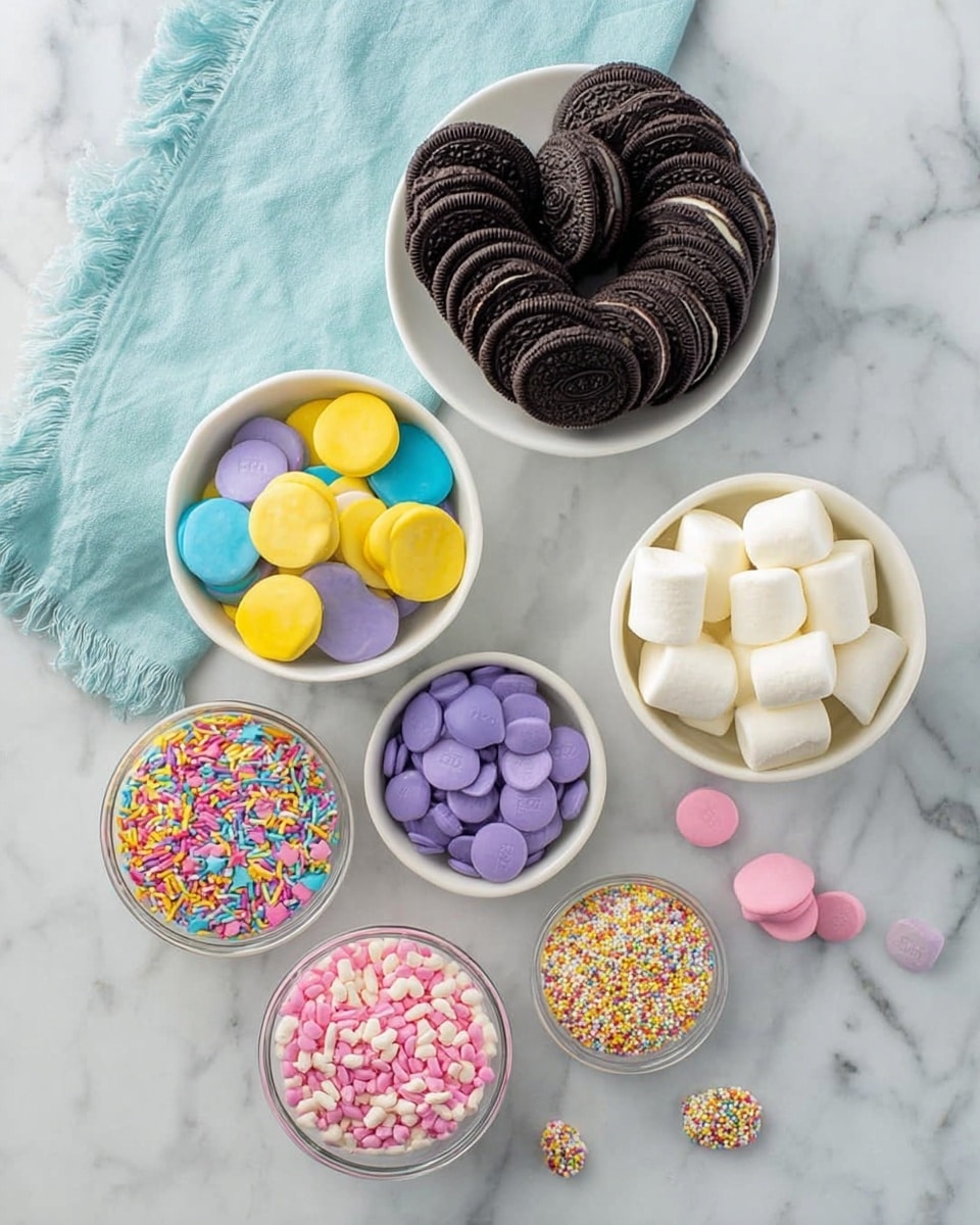 The image shows several small white bowls placed on a white marbled surface. One bowl holds dark chocolate sandwich cookies stacked and overlapping. Another bowl contains large white marshmallows. Three bowls hold colorful round candy melts: one with yellow and blue, one with purple, and one with pink and white. Scattered around the bowls are a few loose candy melts matching their bowl colors. Four small clear containers are filled with different kinds of sprinkles: multicolored long strands, pastel pink and purple sprinkles, tiny round rainbow sprinkles, and a mix of colorful larger sprinkles. A light blue cloth with frayed edges lies at the top left corner. Photo taken with an iphone --ar 4:5 --v 7