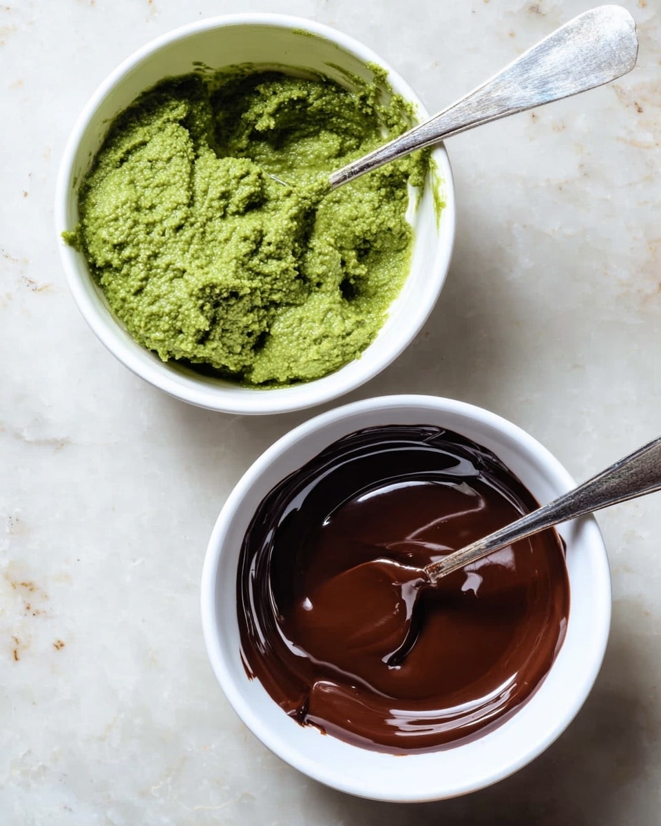 Two white bowls are shown on a white marbled surface. The top bowl contains a thick, chunky green paste with a somewhat rough texture, with a silver spoon resting inside. The bottom bowl holds a smooth, glossy, dark brown liquid, also with a silver spoon standing in it. The bowls are positioned diagonally, with the green paste bowl slightly higher and to the right, and the chocolate-like liquid bowl lower and to the left. Photo taken with an iphone --ar 4:5 --v 7