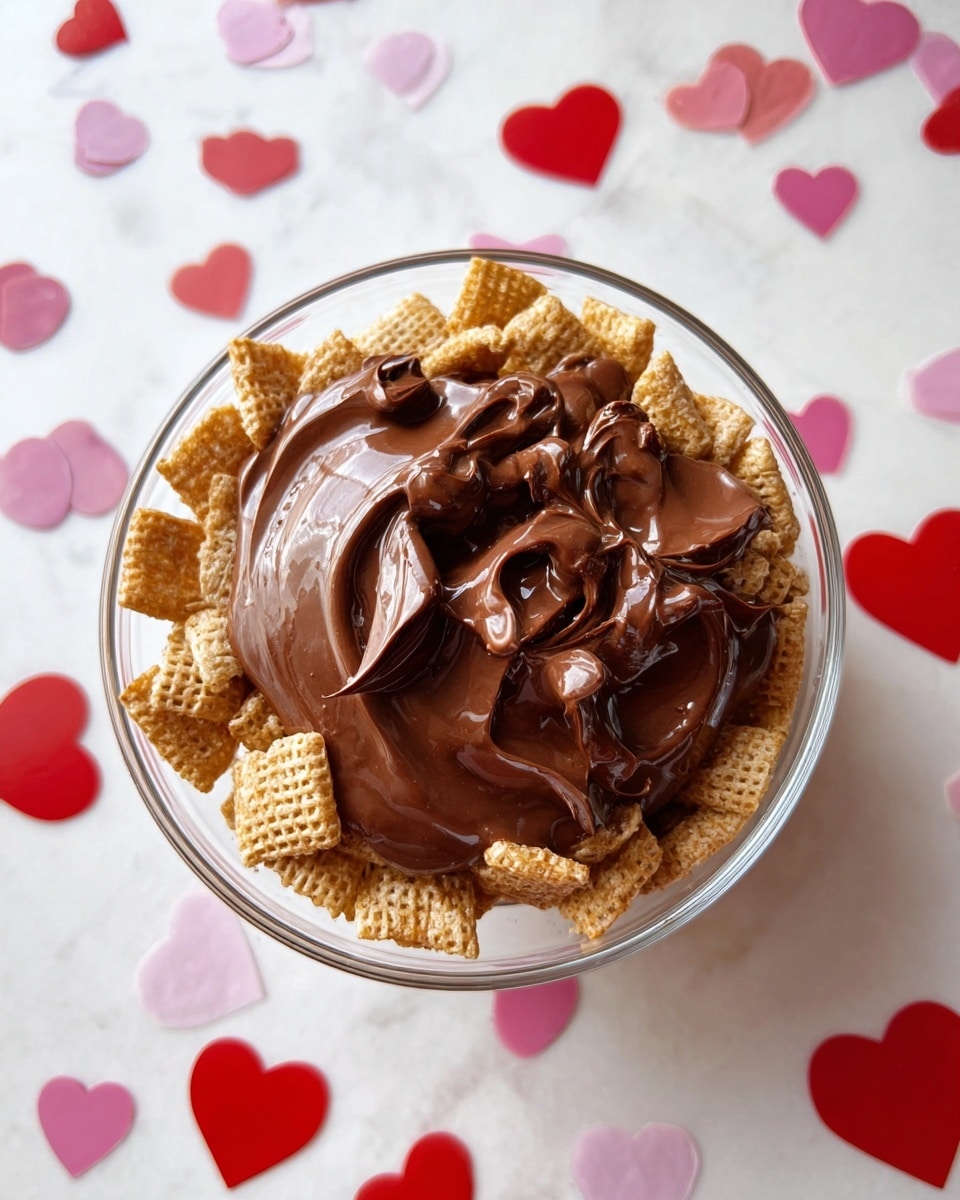 A view from above shows a metal bowl filled with one layer of small square cereal pieces that are light brown and have a woven texture. On top of the cereal, there is a thick layer of bright red, smooth sauce spread unevenly across the center. The bowl sits on a white marbled surface decorated with red and pink paper hearts. The photo taken with an iphone --ar 4:5 --v 7