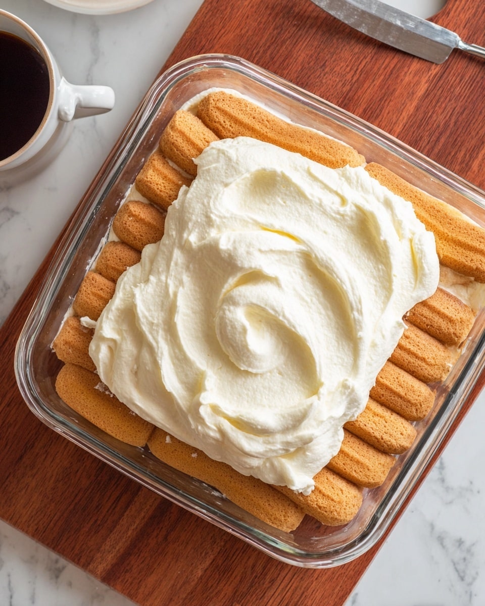 The image shows a clear glass square dish on a white marbled surface, filled with a dessert in two visible layers. The bottom layer is made of tightly packed, golden-brown ladyfinger cookies arranged horizontally and covering the dish base fully. On top of this, there is a thick, fluffy layer of creamy white whipped mixture being spread in the center, creating soft peaks and smooth swirls with a light texture. The dish is placed on a wooden cutting board, and a partial view of a white cup with dark liquid is seen in the top left corner. Photo taken with an iphone --ar 4:5 --v 7