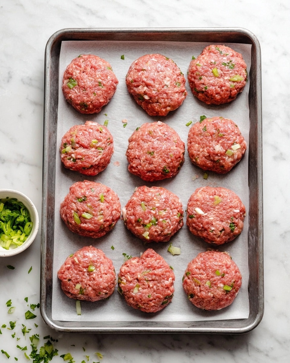 A metal baking tray lined with parchment paper holds twelve raw round patties made from pink ground meat mixed with small pieces of green herbs and white bits, evenly spaced in three rows of four. The tray sits on a white marbled surface. On the bottom left corner, a small white bowl contains more chopped green herbs with a scattered few around it. Photo taken with an iphone --ar 4:5 --v 7