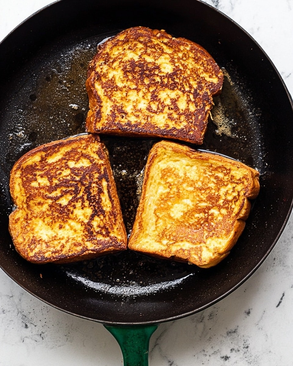 The image shows three pieces of golden brown French toast cooking in a black cast iron pan with a dark green handle. Each slice has a crispy, slightly uneven toasted surface, with darker browned patches and lighter golden areas, giving a textured look. The edges of the toast are fluffy but well toasted, suggesting the bread is thick. The pan appears slightly oily with small glistening spots around the toast. The background is a white marbled texture visible around the pan. photo taken with an iphone --ar 4:5 --v 7