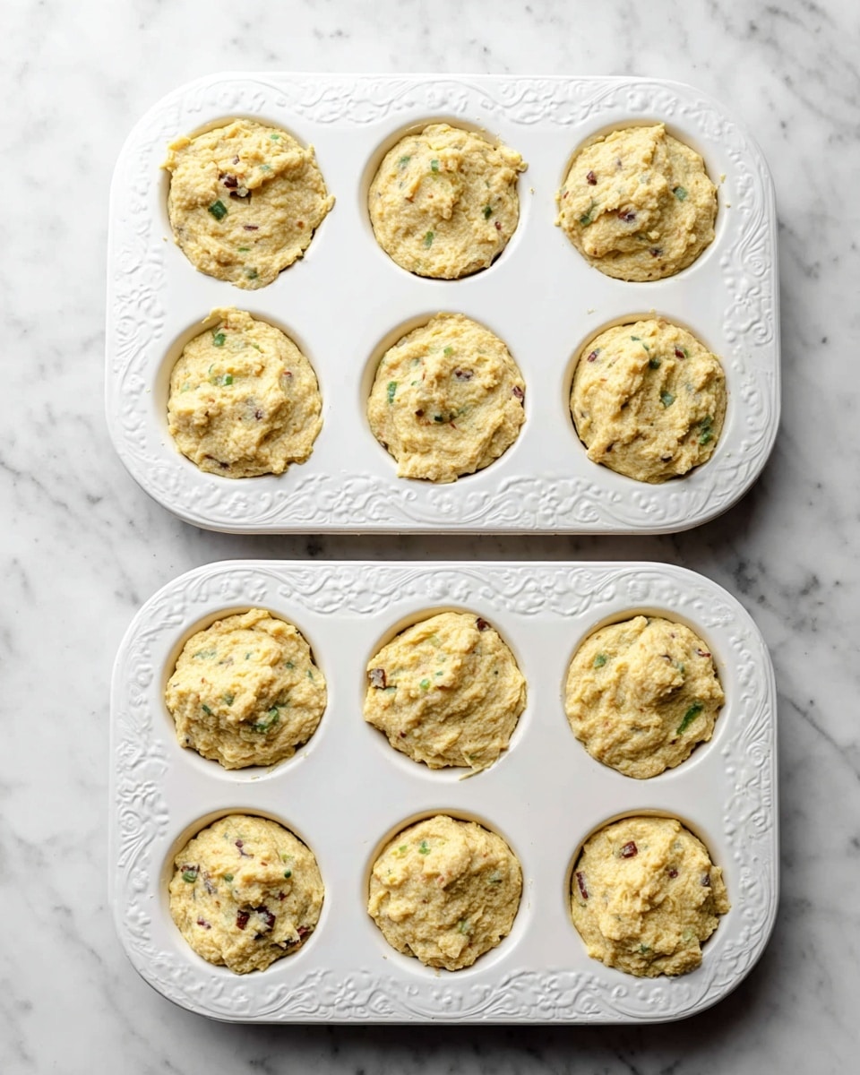 Two white ceramic muffin trays with six round compartments each sit on a white marbled surface. Each compartment is filled with a yellowish, thick, textured batter that has small green and dark brown bits mixed in. The batter is slightly mounded and rough on the top, filling each compartment evenly. The trays have a delicate embossed pattern around the edges and between the compartments. Photo taken with an iphone --ar 4:5 --v 7