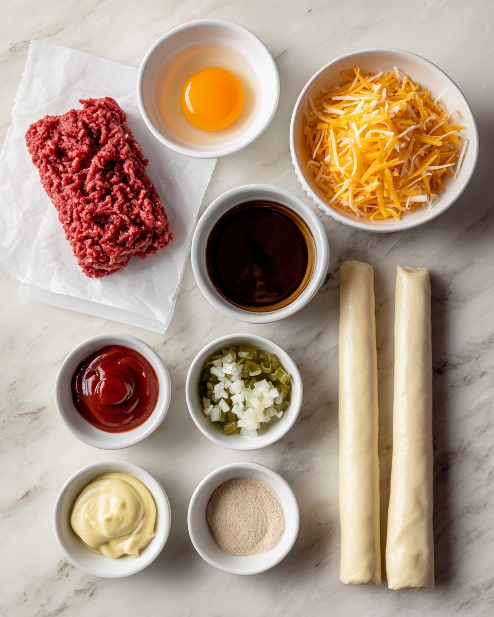 The image shows a layout of ingredients on a white marbled surface. There is a flat rectangular piece of red ground beef resting on white parchment paper, positioned near the center-left. Above it, there is a small white bowl with a raw egg, bright orange yolk visible, next to a small white bowl of dark brown Worcestershire sauce. To the right, a larger white bowl filled with shredded orange-yellow cheese and a smaller white bowl with finely chopped white onion. Below these, there is a small white dish holding three sauces: red ketchup, green relish, and creamy yellow Dijon mustard. Nearby is another small white bowl with two light beige spice powders. On the far right, two long rolls of smooth, pale puff pastry are placed side by side. The overall scene looks clean and organized, with each ingredient clearly separated. Photo taken with an iphone --ar 4:5 --v 7