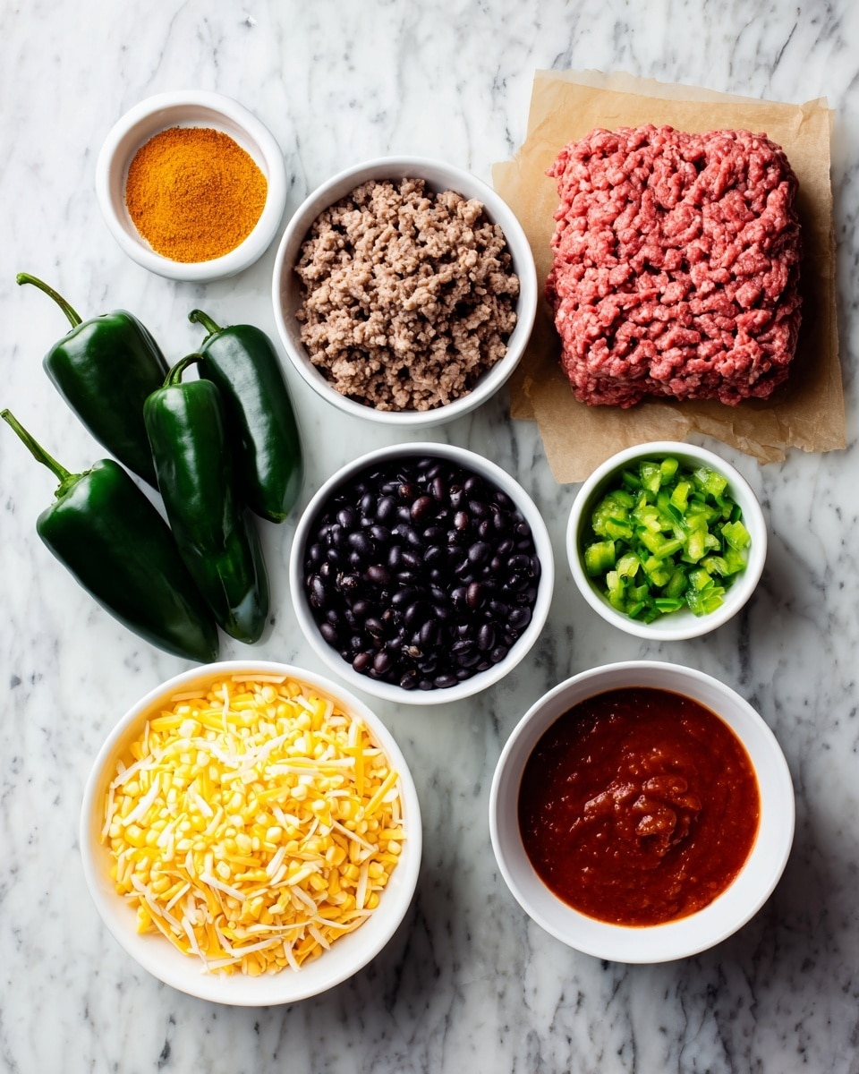 A group of eight ingredients is arranged on a white marbled surface. On the top right, a block of raw ground beef sits on brown paper. Below it is a white bowl filled with reddish-brown cooked rice. To the left of the rice bowl are four dark green poblano peppers placed in a loose cluster. Above the peppers is a white bowl filled with shiny black beans. On the top left side, a small white bowl contains orange taco seasoning. Below it, a white bowl with yellow corn kernels is next to a white bowl full of shredded yellow and white cheese. To the right of the corn bowl, another white bowl holds light green chopped green chiles, and next to it is a white bowl filled with red enchilada sauce. photo taken with an iphone --ar 4:5 --v 7