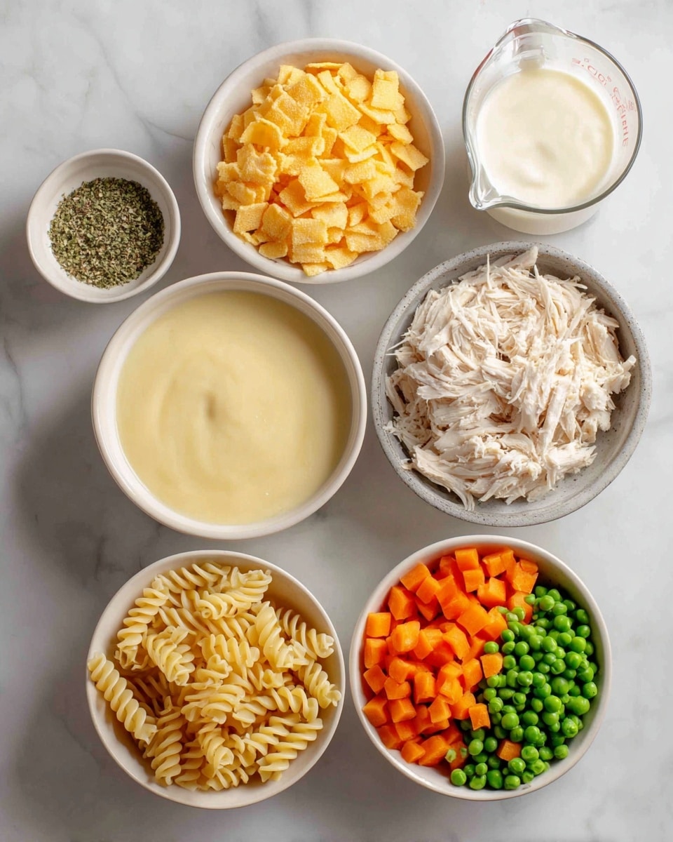 Seven bowls with different ingredients are placed on a white marbled surface. Starting from the top left, a small white bowl holds greenish herbs and spices with fine texture. Next to it is a white bowl filled with light yellow crushed crackers. To the right, there is a clear glass measuring cup with white half & half cream. Below that is a gray bowl filled with shredded light beige chicken. In the center is a white bowl containing smooth, creamy, pale yellow condensed soup. On the bottom left, a white bowl shows shredded bright orange cheese. Next to it, a gray bowl holds uncooked light brown spiral pasta. Finally, the last white bowl on the bottom right has a mix of diced orange carrots and green peas. The photo taken with an iphone --ar 4:5 --v 7