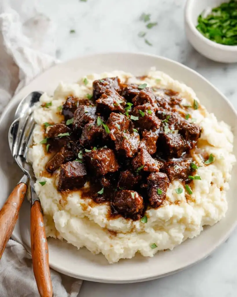 Hearty Beef Tips with Garlic Mashed Potatoes Recipe