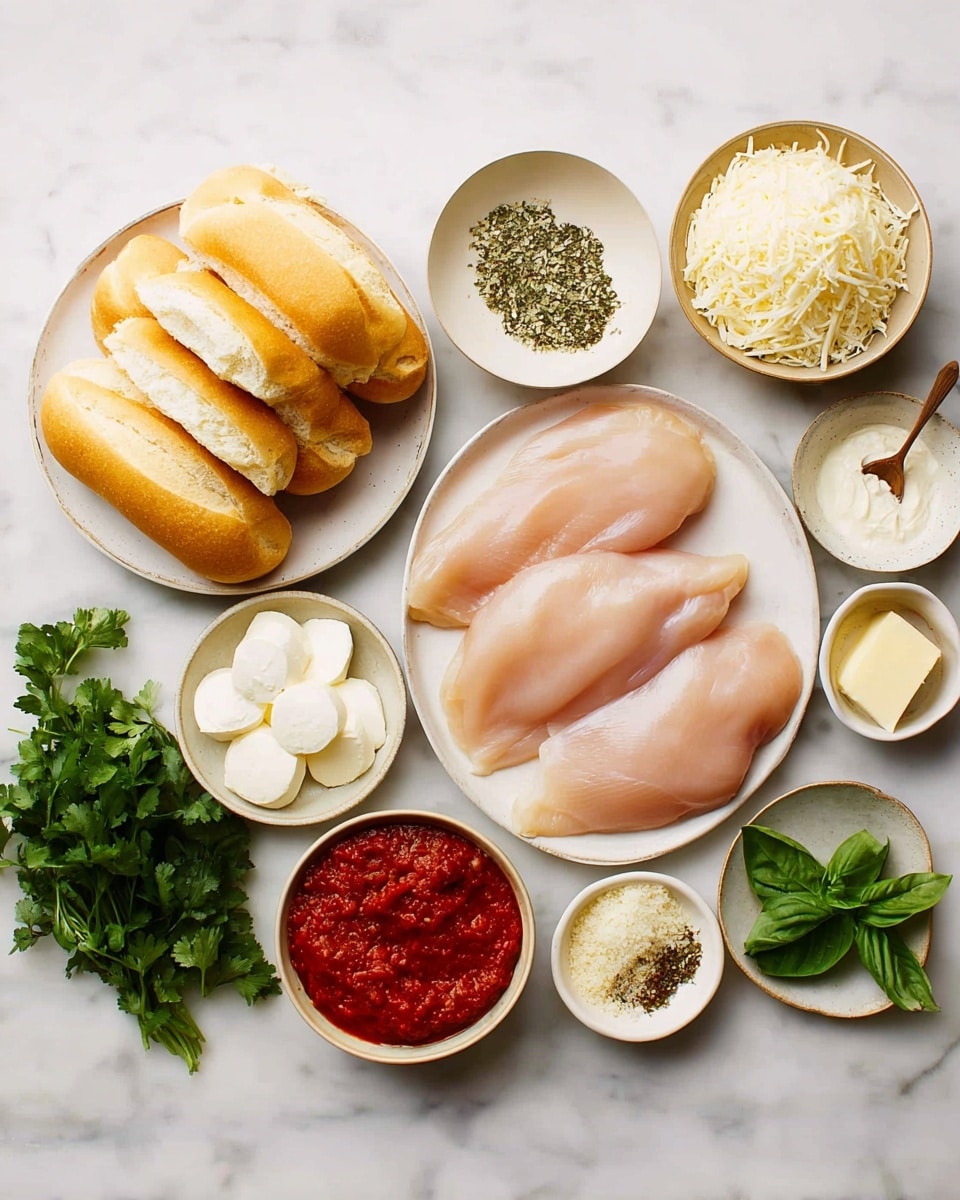 A white marbled surface holds a variety of ingredients carefully arranged. Four small sandwich rolls with a light golden crust are stacked on a white plate. To the right, a white plate holds three raw chicken fillets with a soft pink color. Surrounding them are small bowls containing creamy white mozzarella slices, grated Parmesan cheese, a bowl of red marinara sauce, finely chopped garlic, dried herbs, and a small portion of butter. Fresh green parsley and basil leaves rest on a small white plate, adding a bright touch to the scene. photo taken with an iphone --ar 4:5 --v 7