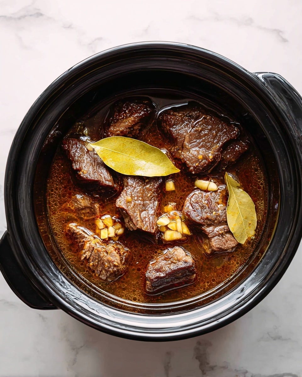 The image shows a black pot filled with several large pieces of dark brown cooked meat sitting in a rich, brown broth. On top of some meat pieces, there are small chunks of browned garlic or onions adding texture and color contrast. Two light yellow bay leaves float on the surface, adding a natural touch. The black pot has a shiny surface and broad handles. The pot is placed on a smooth white marbled surface. photo taken with an iphone --ar 4:5 --v 7