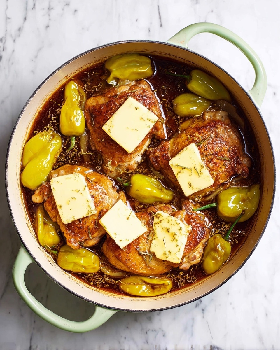 A round white pot with pale green handles holds four cooked golden brown chicken pieces, each topped with two smooth, pale yellow slices of butter. Bright yellow-green peppers with stems are scattered around the chicken, sitting in a shallow layer of dark brown sauce that glistens around the edges. The pot is placed on a white marbled surface. photo taken with an iphone --ar 4:5 --v 7
