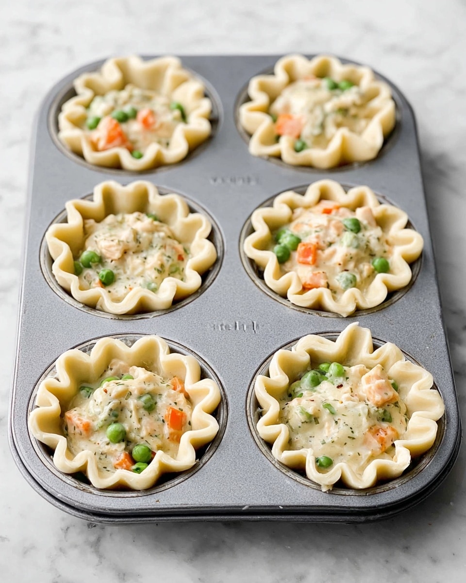 Six small raw pot pies inside a gray metal muffin tin, each pie lined with a pale, soft dough that forms ruffled edges. The dough cups are filled with a creamy mix of visible small green peas, orange carrot cubes, and white chunks of filling. The filling has a smooth texture with specks of seasoning mixed in. The muffin tin sits on a white marbled surface. photo taken with an iphone --ar 4:5 --v 7