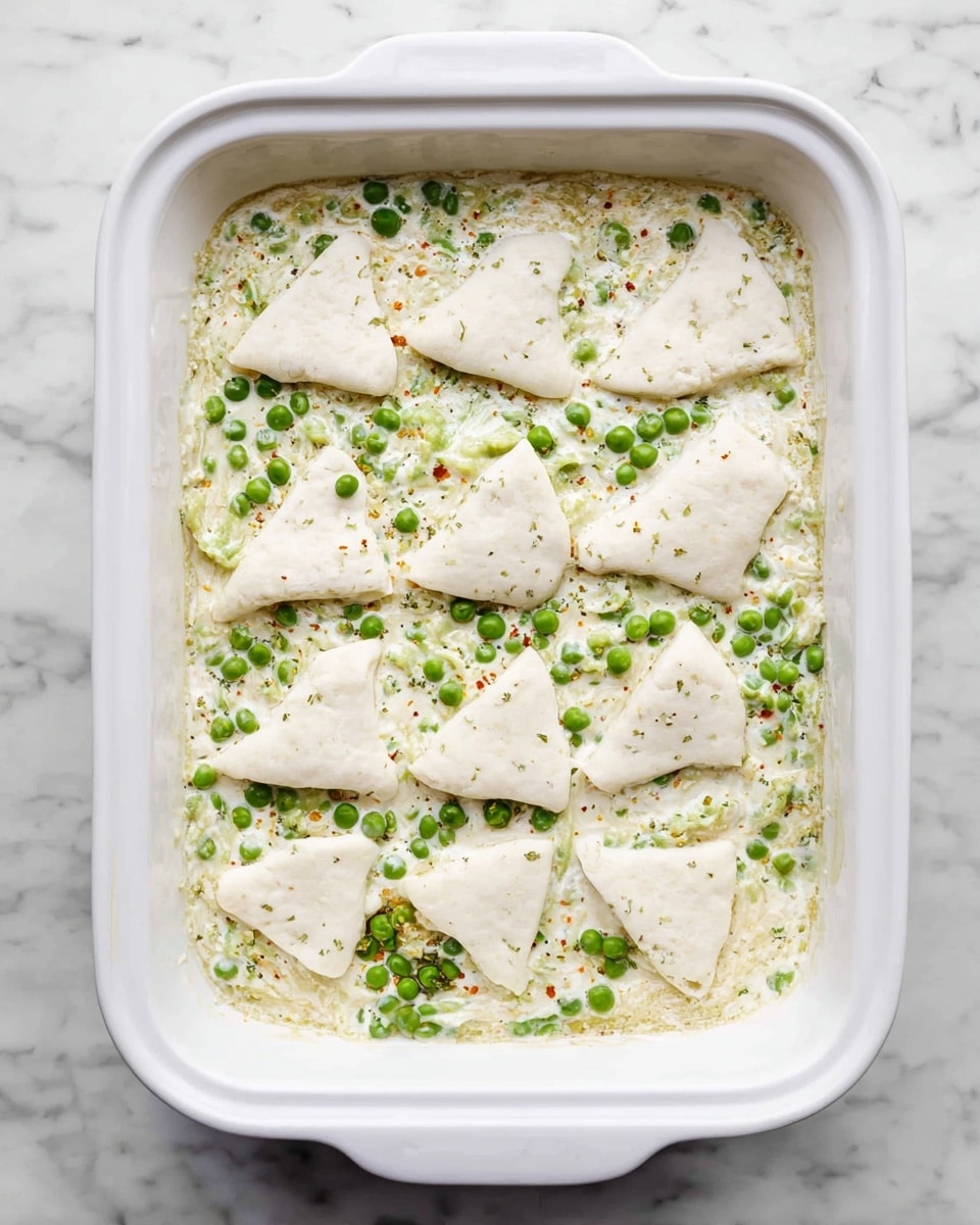 A white rectangular baking dish is filled with a creamy green pea mixture, with many small bright green peas scattered evenly throughout. On top, there are several pieces of raw white dough shaped in irregular triangles, placed flat and spread out to cover the surface. The mixture underneath looks smooth and lightly speckled with herbs and spices. The baking dish sits on a white marbled surface, seen clearly from above. photo taken with an iphone --ar 4:5 --v 7